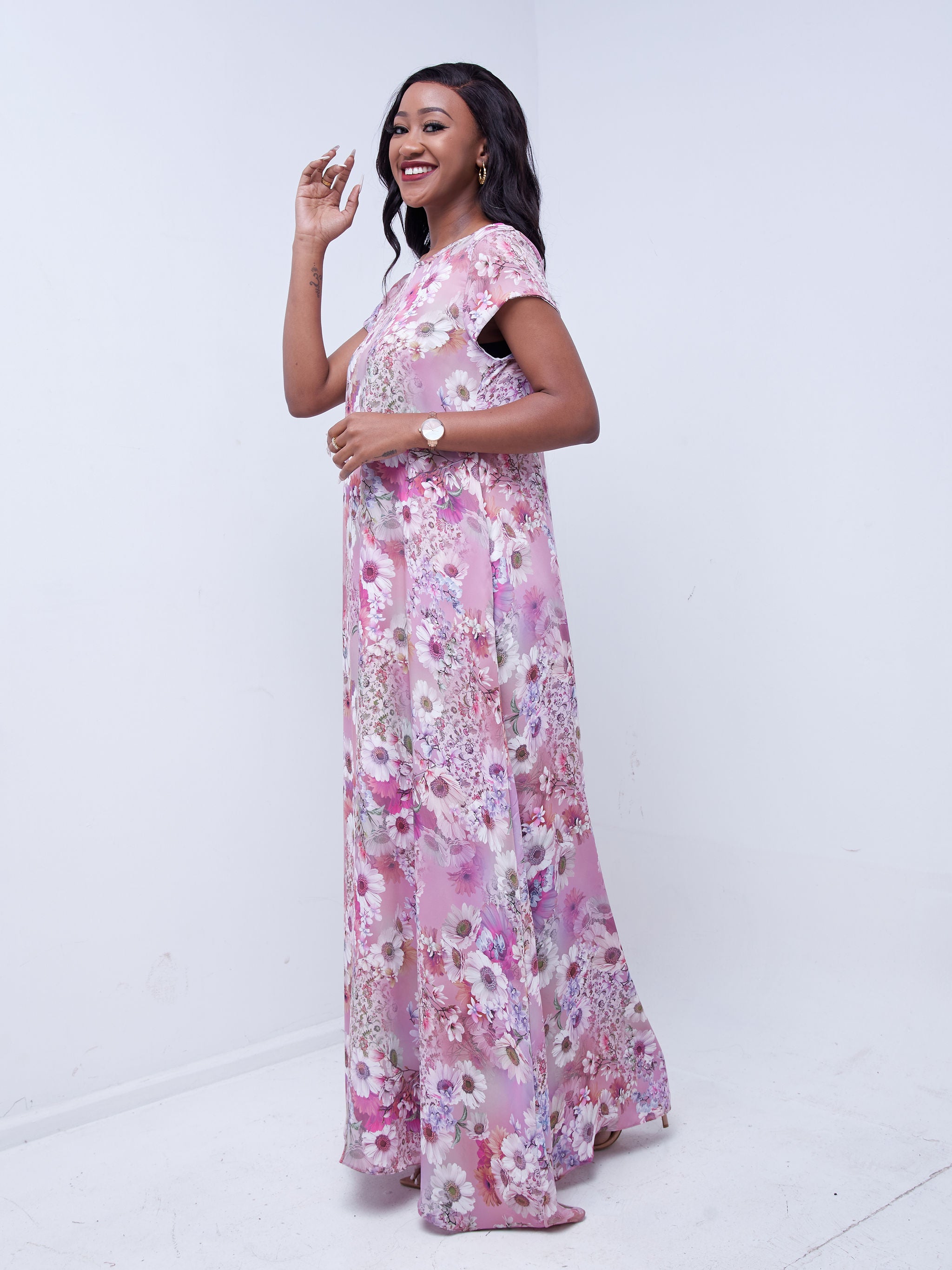 Vivo Basic Cap Sleeved Tent Maxi Dress - Purple Floral Print