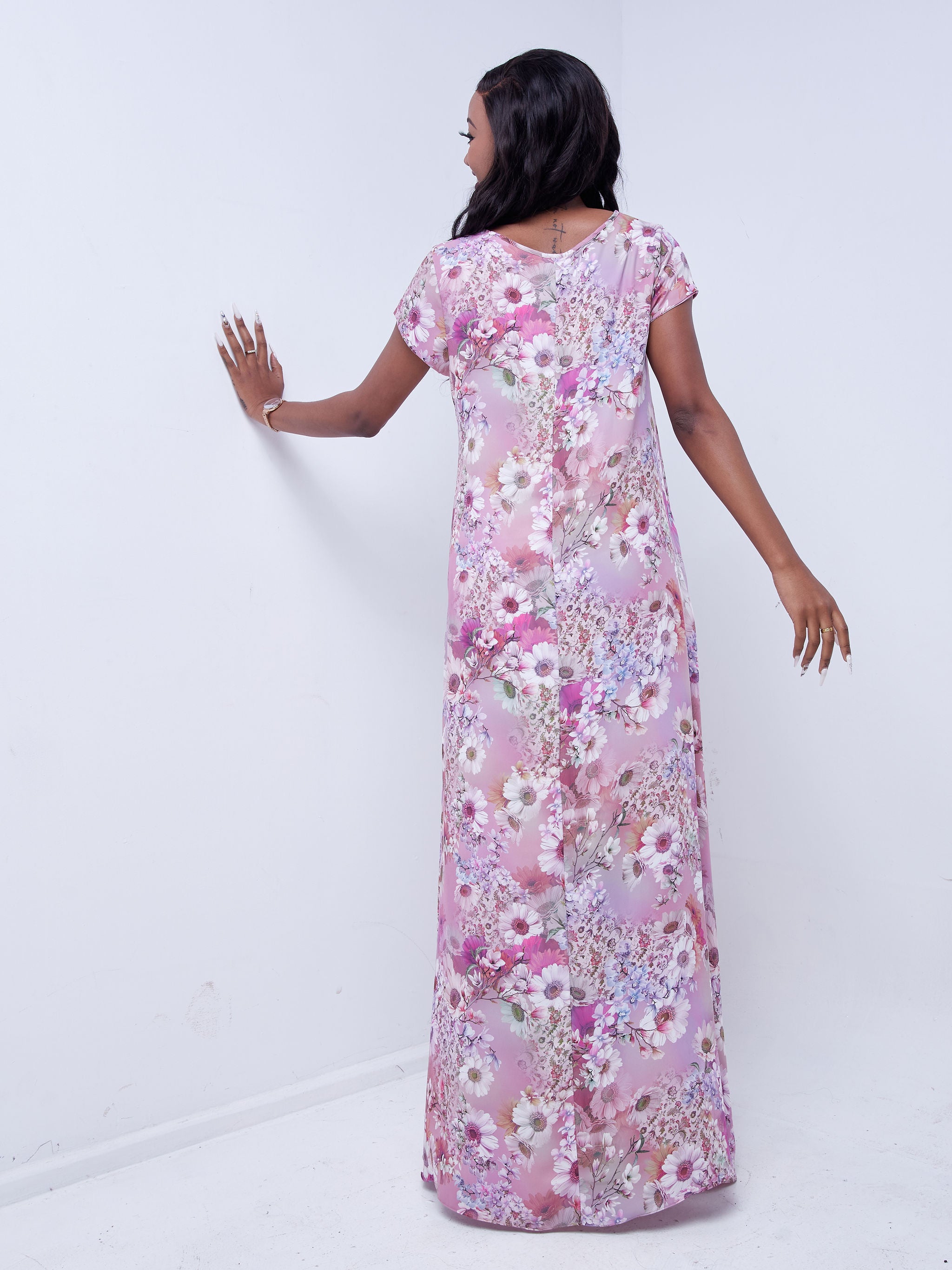 Vivo Basic Cap Sleeved Tent Maxi Dress - Purple Floral Print