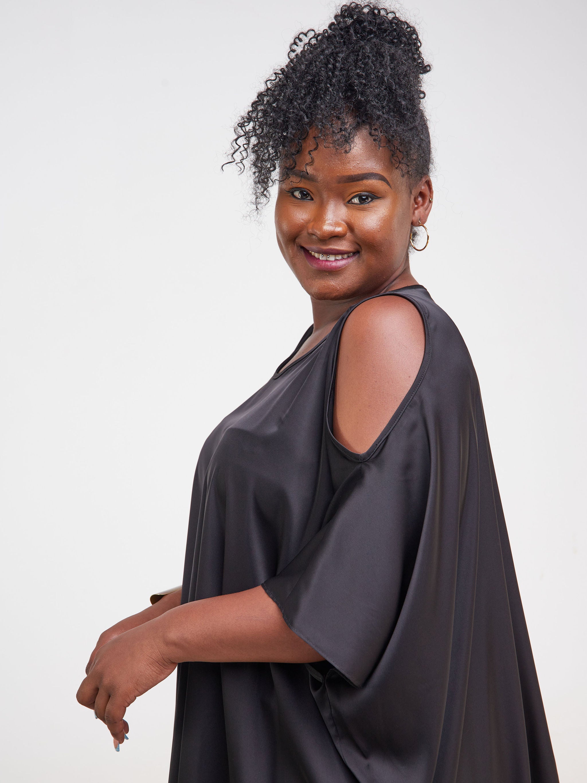 Vivo Asika Satin Cold Shoulder Top - Black