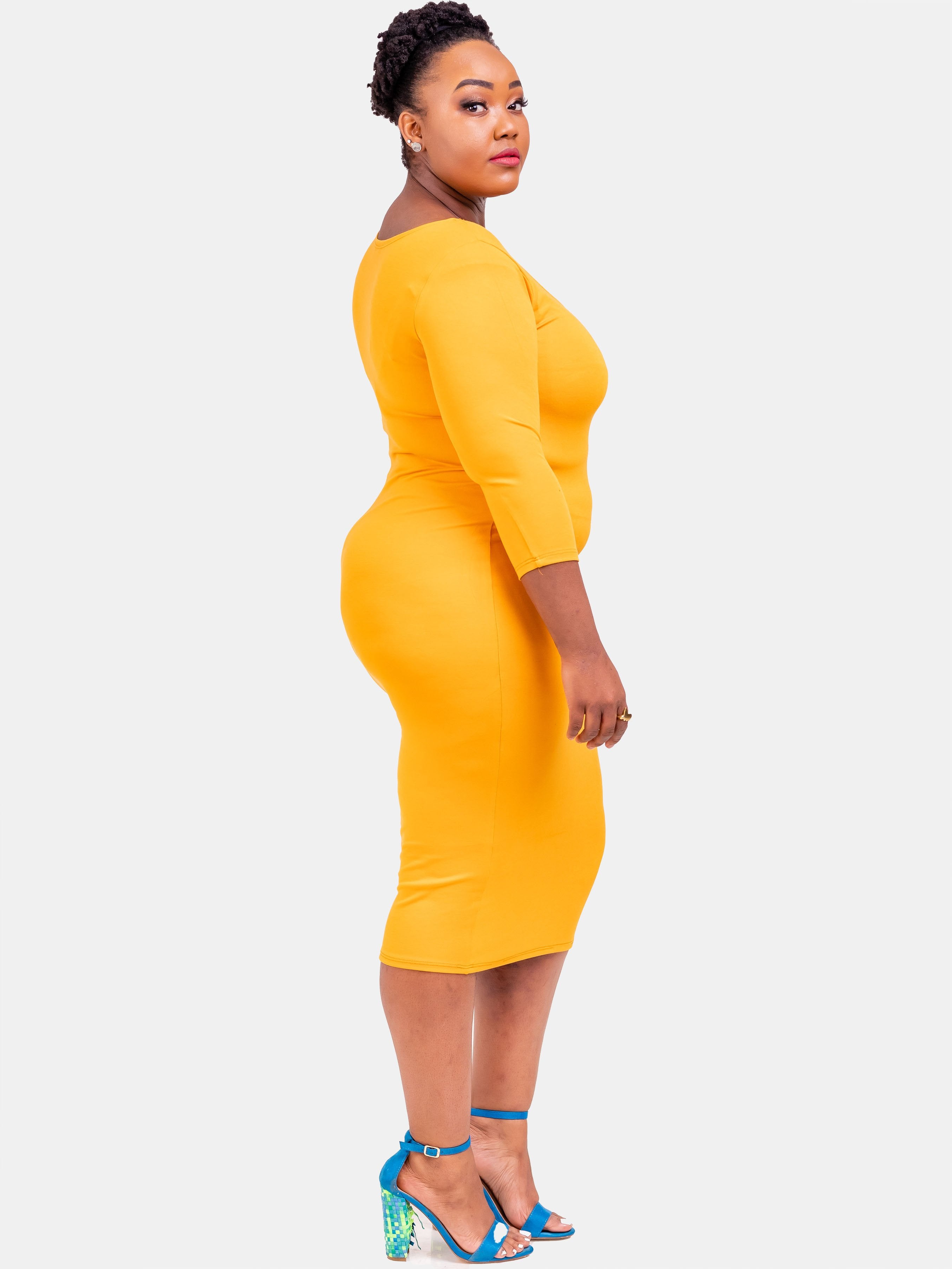 Vivo Basic 3/4 Sleeve Leila Bodycon Dress - Mustard