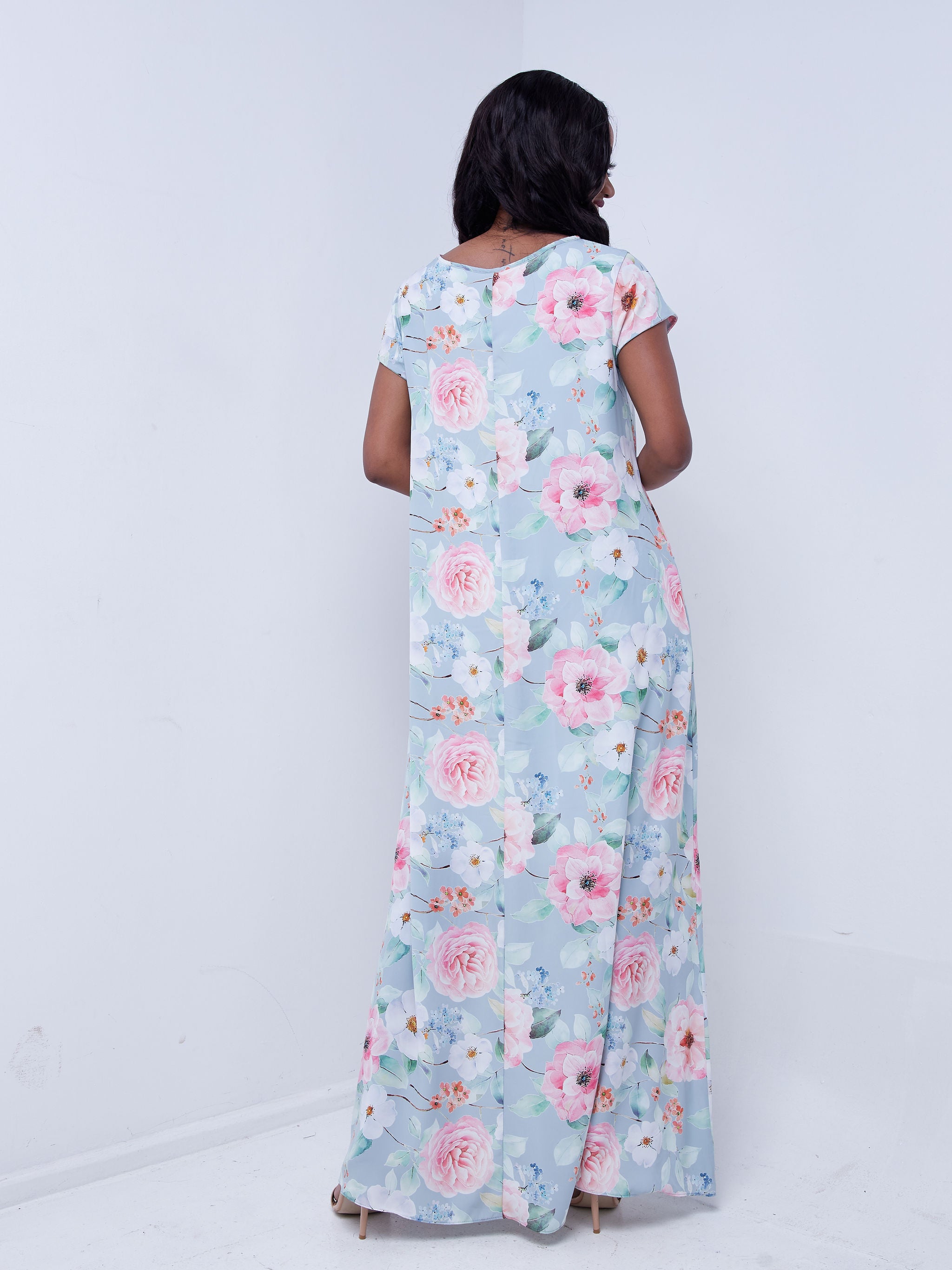 Vivo Basic Cap Sleeved Tent Maxi Dress - Pink / Green Floral Print