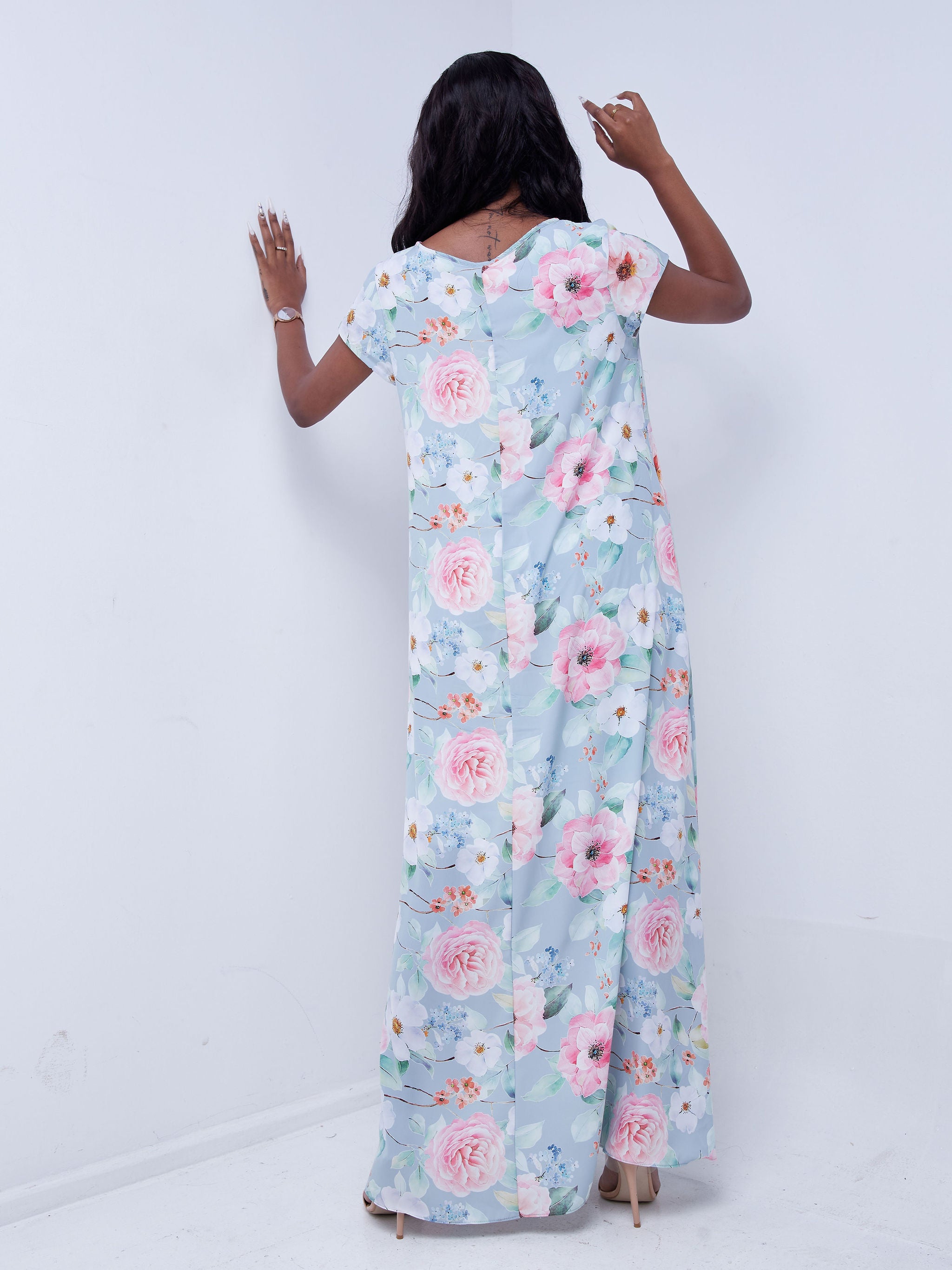 Vivo Basic Cap Sleeved Tent Maxi Dress - Pink / Green Floral Print