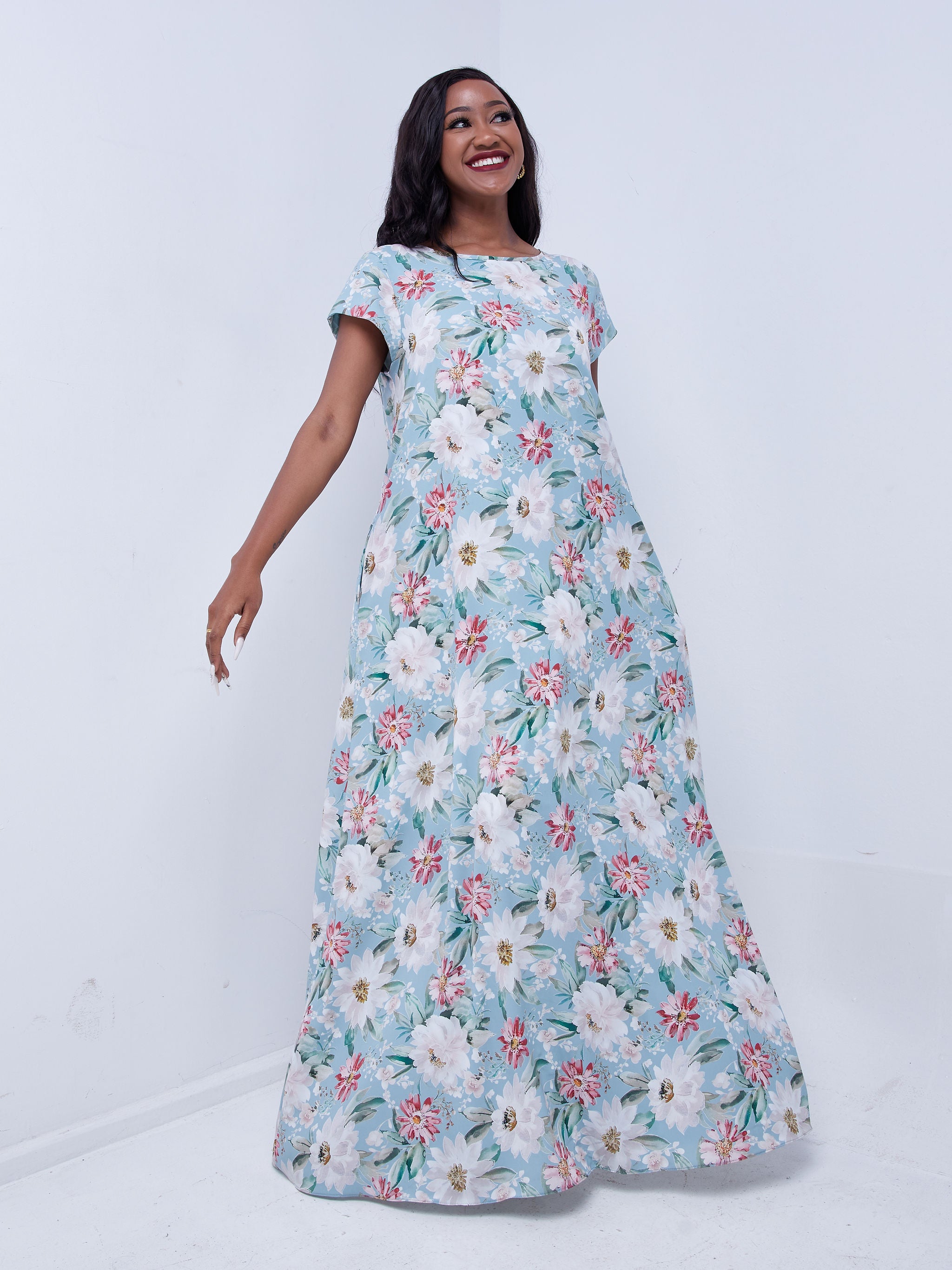 Vivo Basic Cap Sleeved Tent Maxi Dress - Blue / Grey Floral Print
