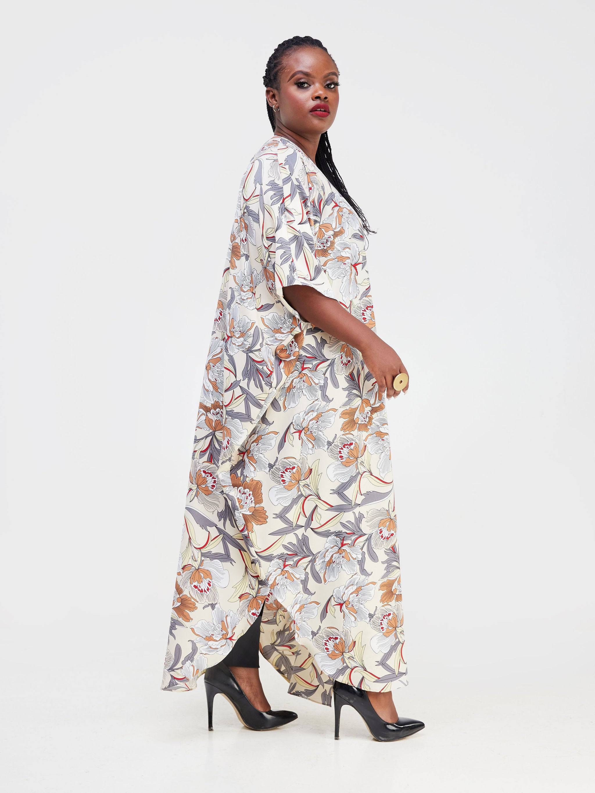 Vivo Malindi Maxi Kimono - Cream / Grey Floral Print