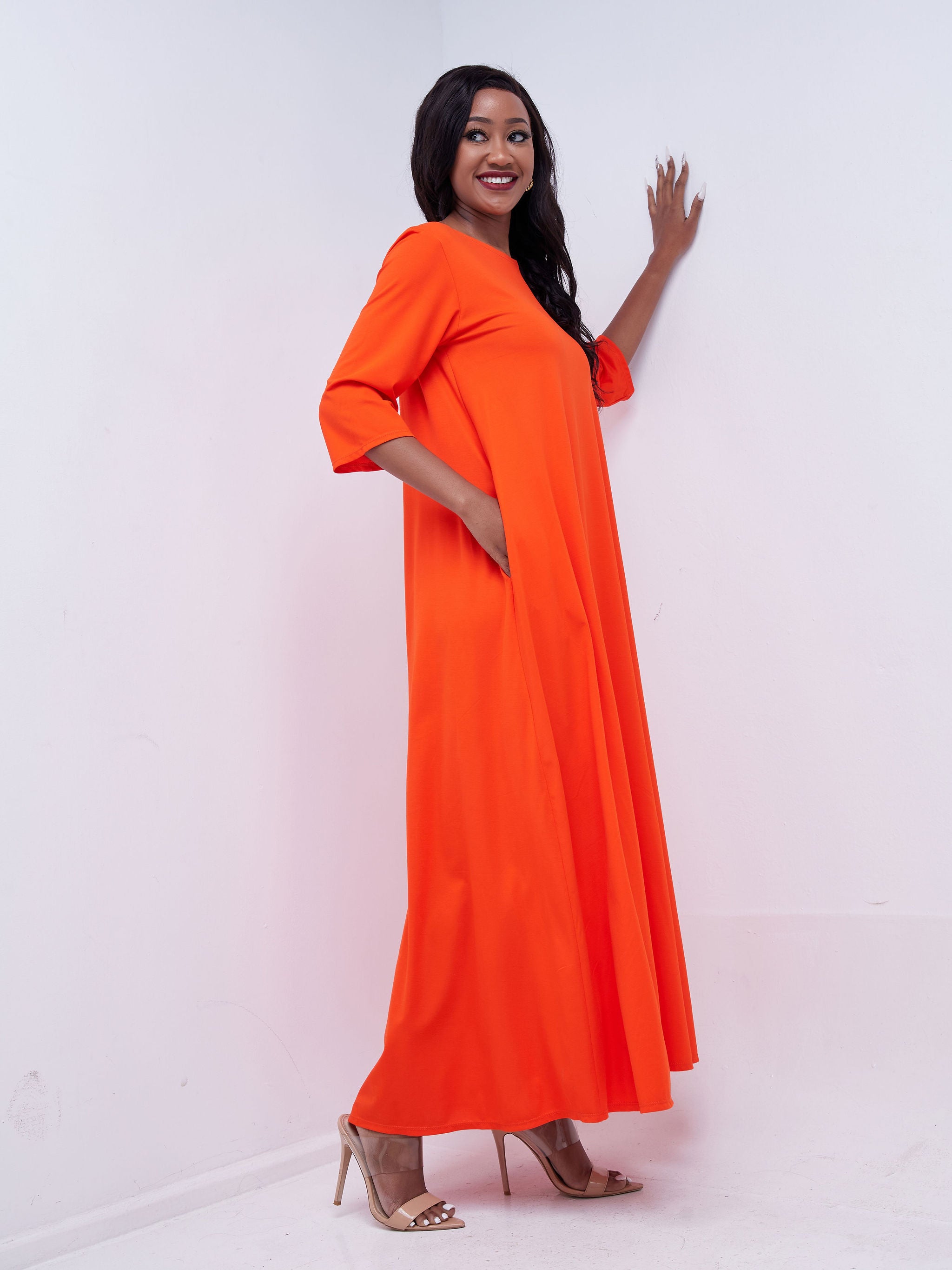Vivo Basic 3/4 Sleeve Kena Tent Maxi Dress - Orange