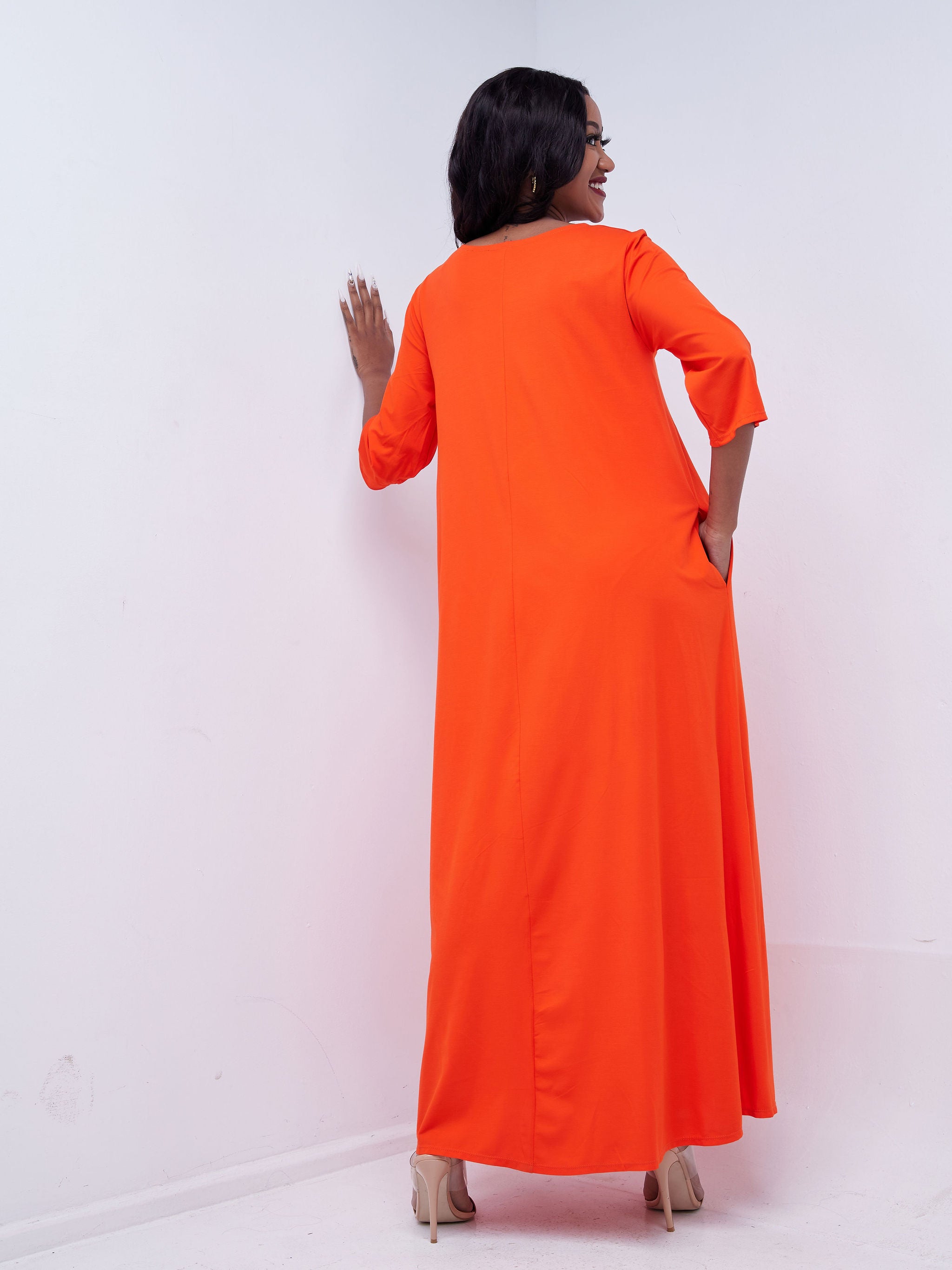 Vivo Basic 3/4 Sleeve Kena Tent Maxi Dress - Orange