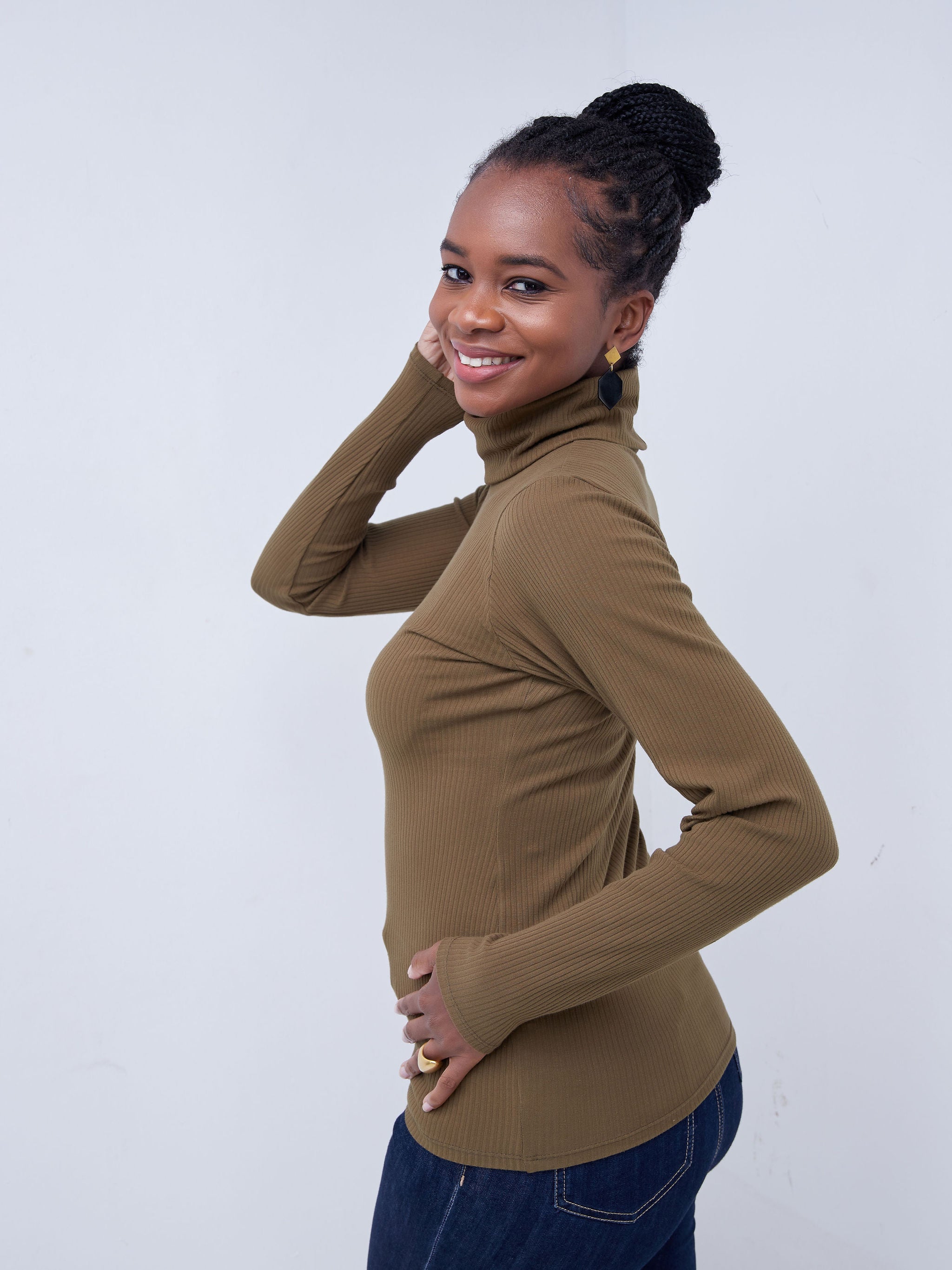 Vivo Basic Ribbed Turtleneck Top - Hunters Green