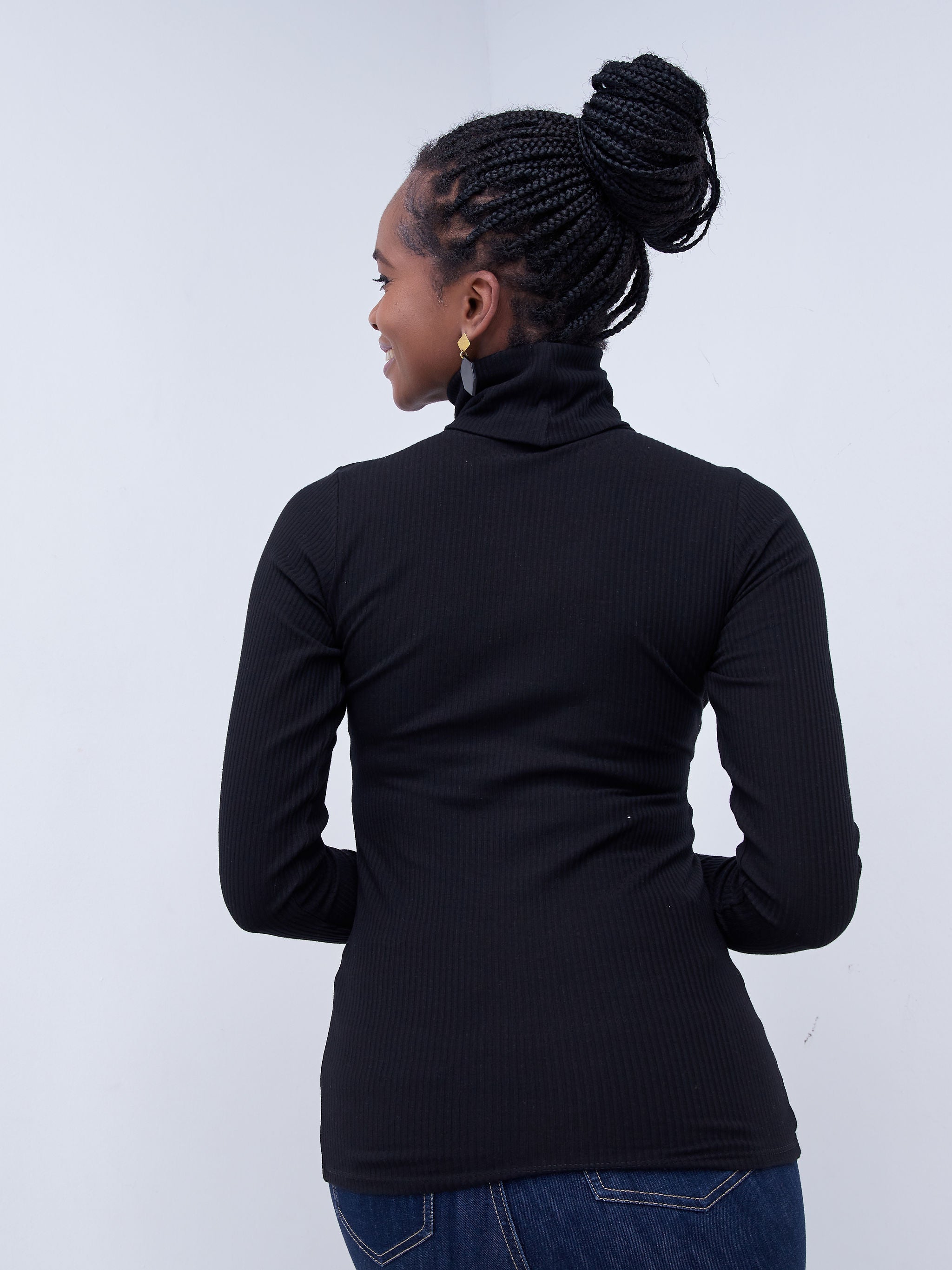 Vivo Basic Ribbed Turtleneck Top - Black