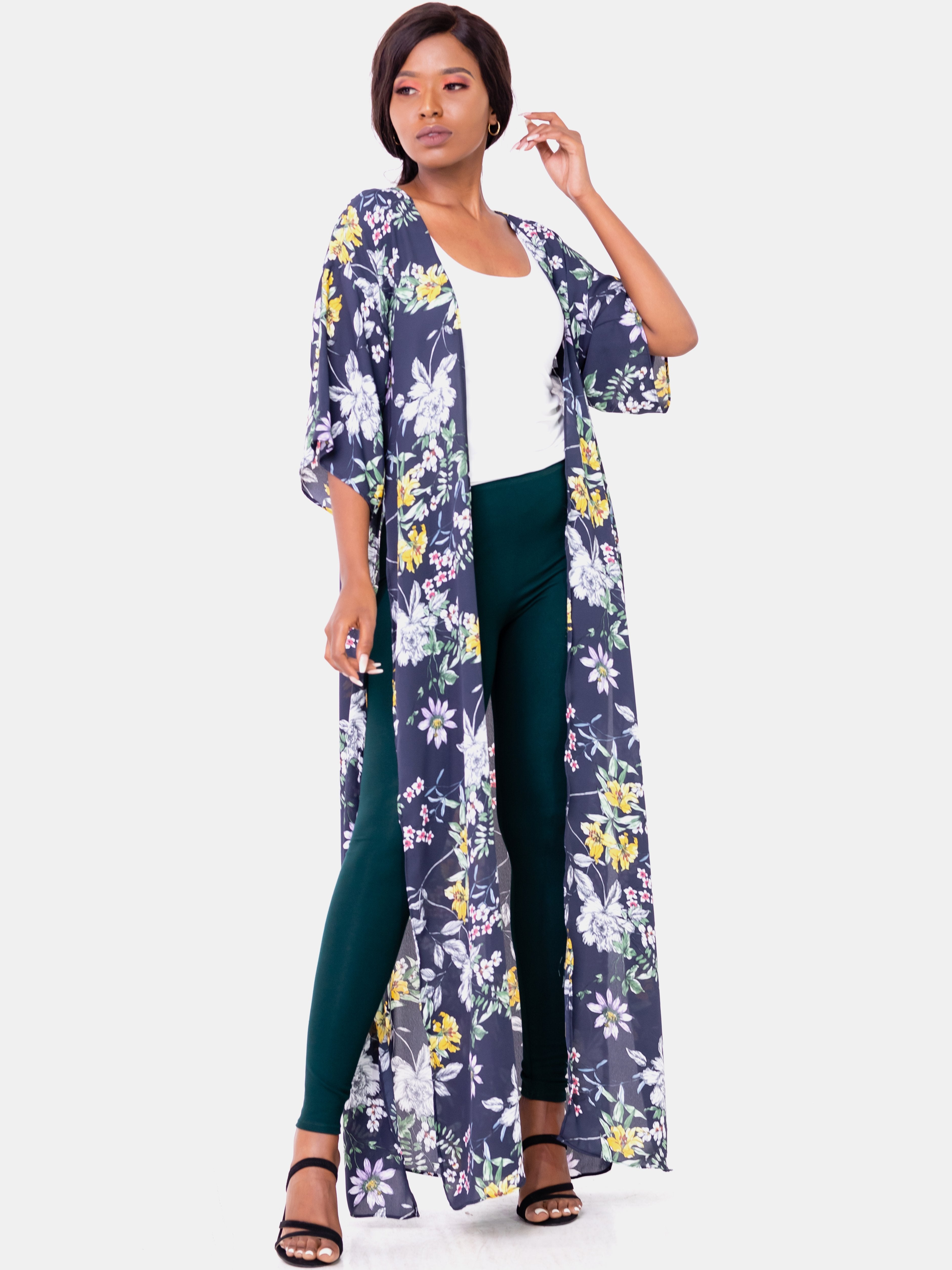 Vivo Nandi High Slit Kimono - Navy & Yellow Print - Shop Zetu