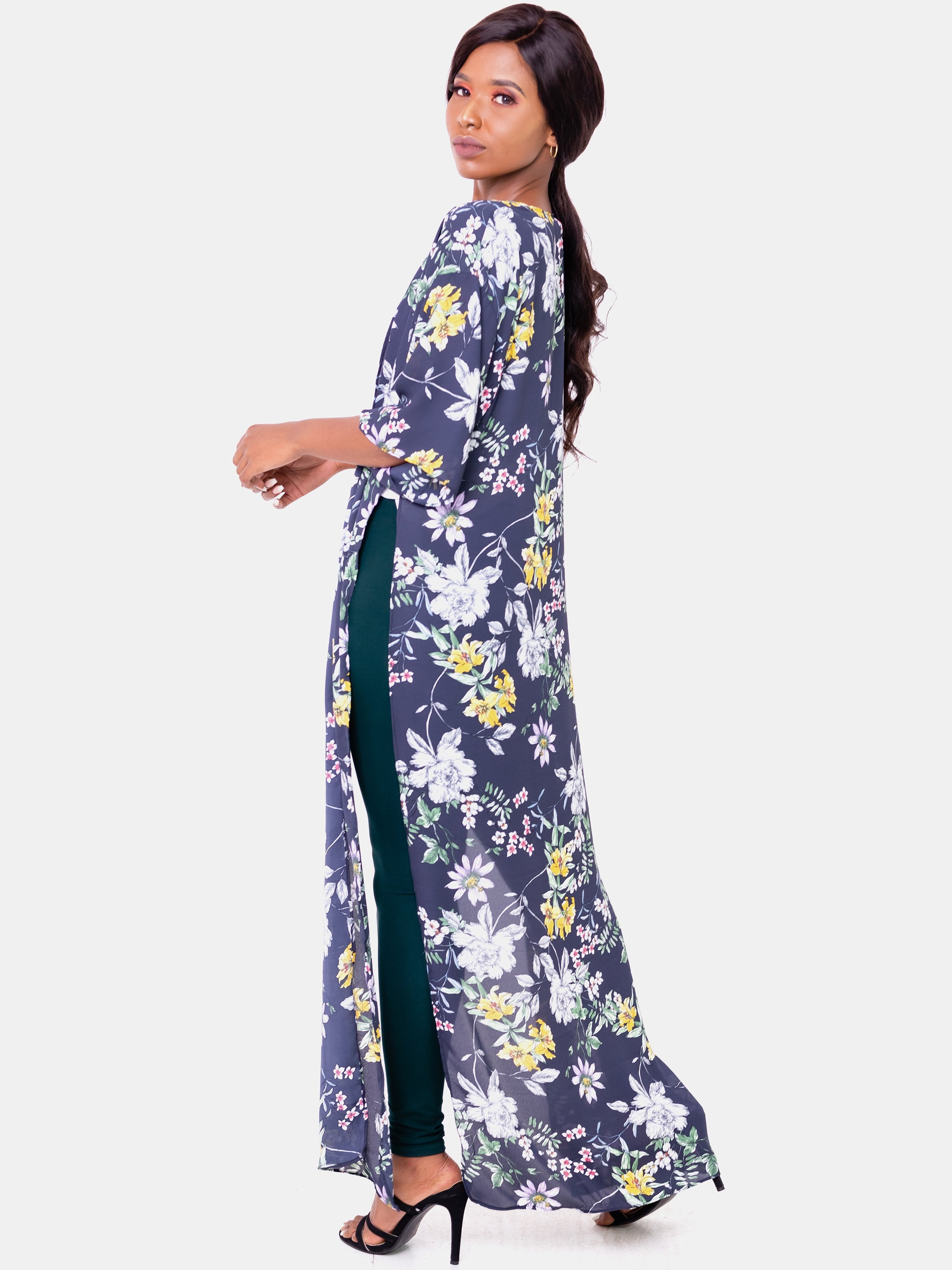 Vivo Nandi High Slit Kimono - Navy & Yellow Print - Shop Zetu
