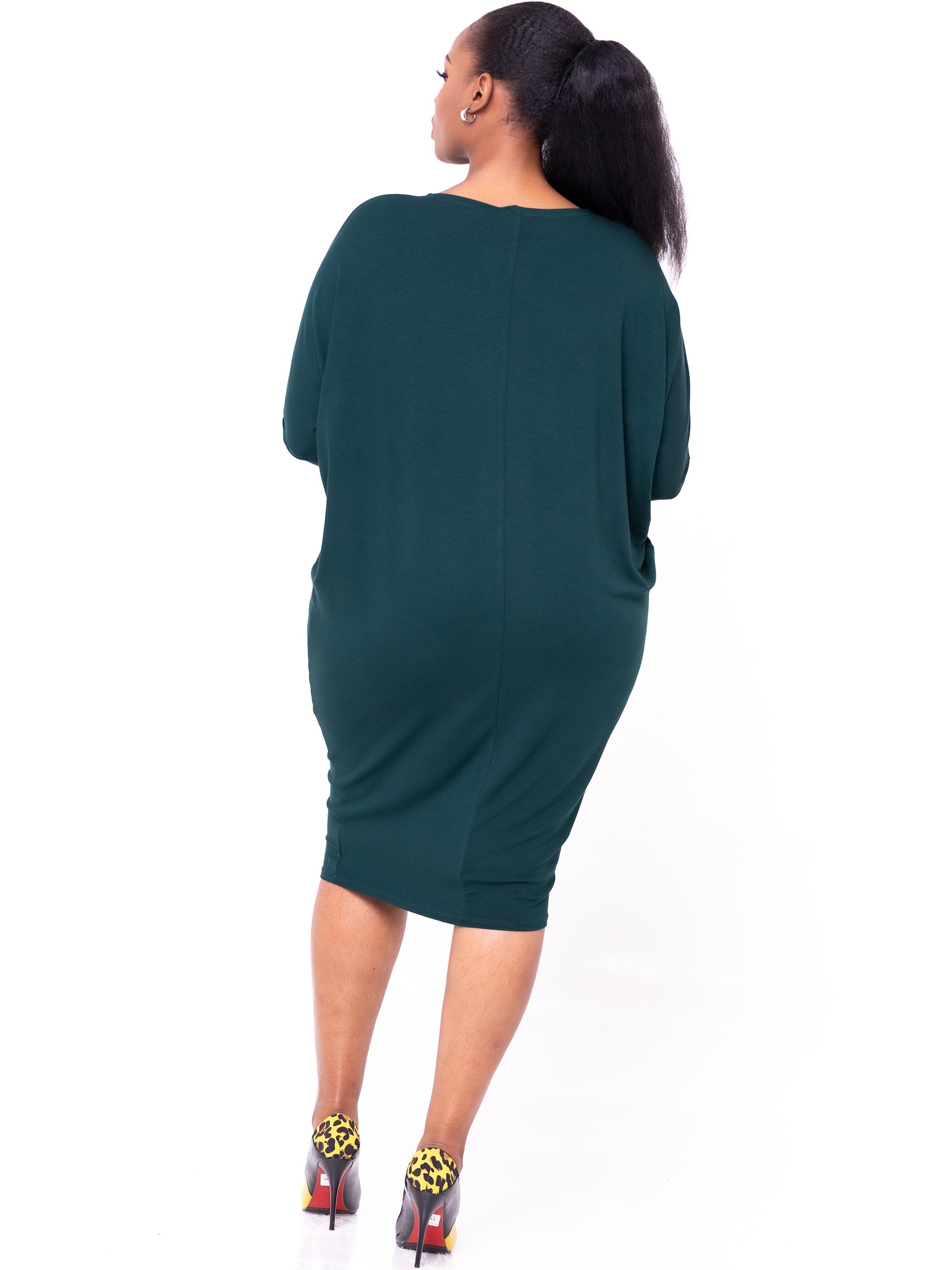Vivo Basic Cuffed Dolman Jersey Dress - Dark Green