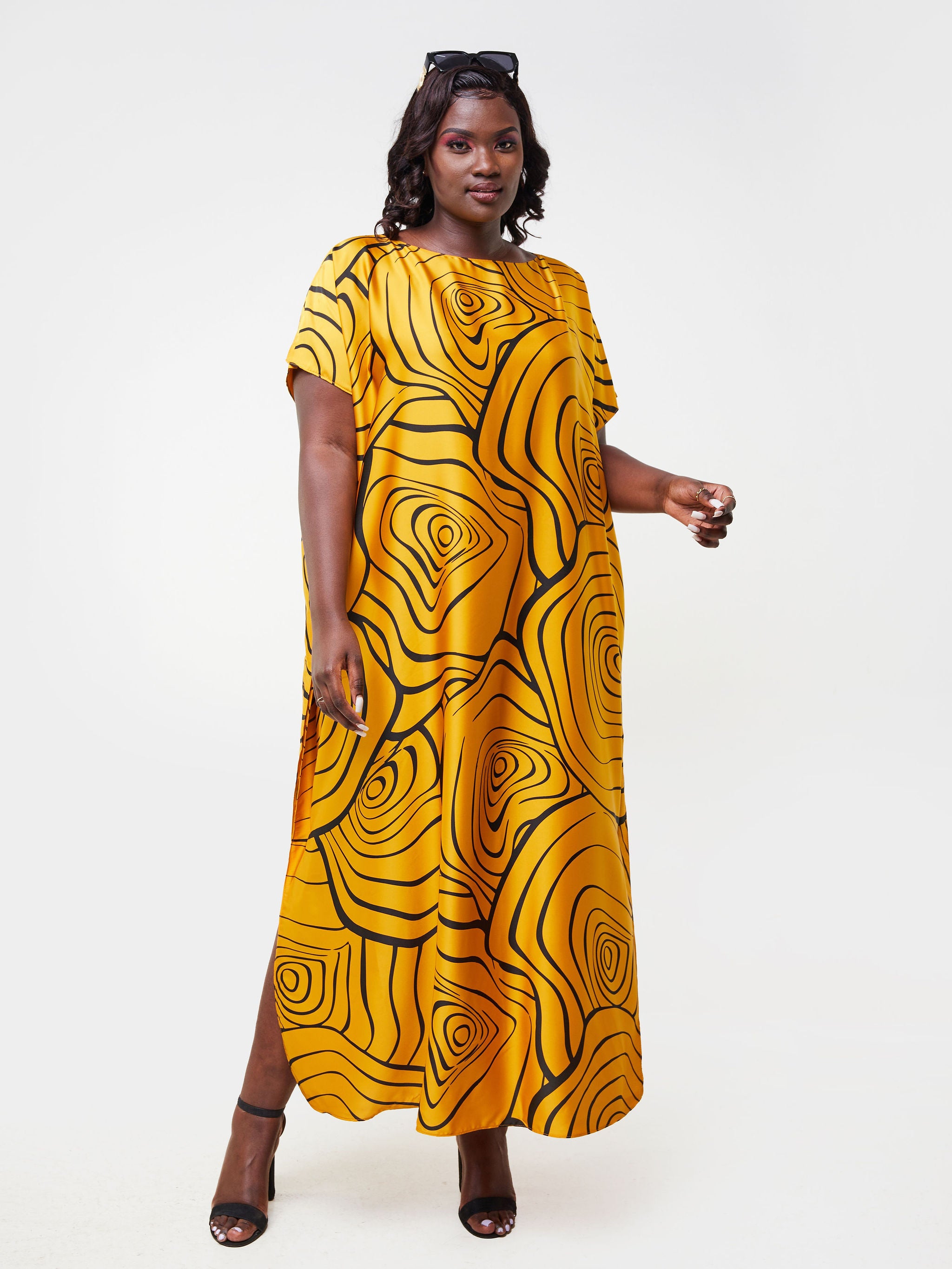 Vivo Asika Maxi Kaftan - Mustard / Black Abstract Print