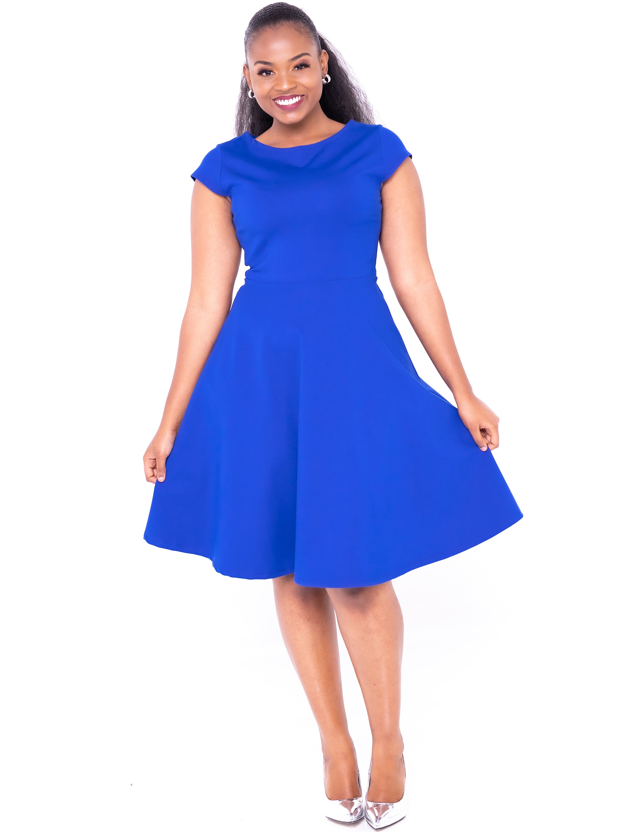 Vivo Basic Cap Sleeved Circular Knee Length Dress - Royal Blue