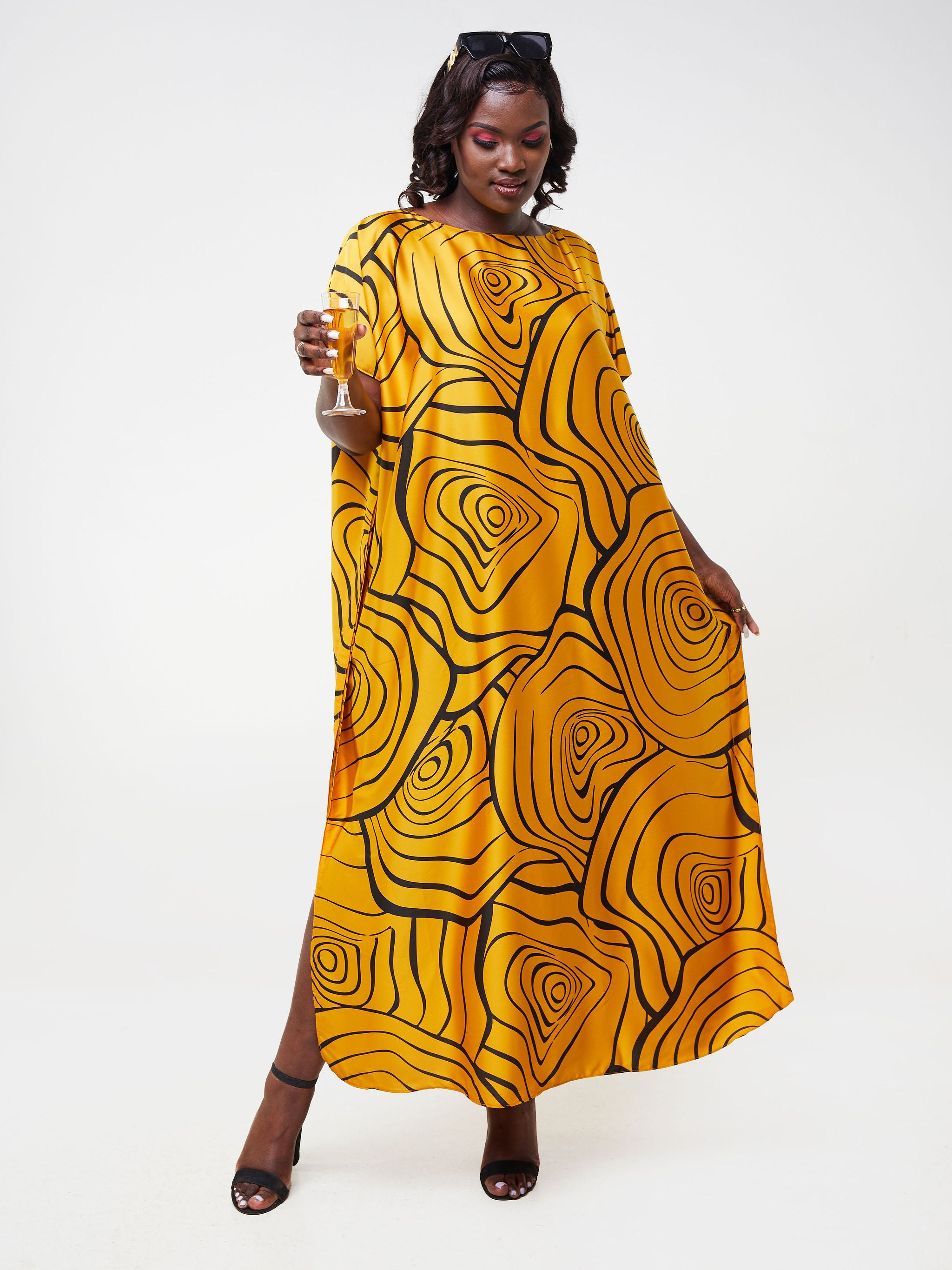 Vivo Asika Maxi Kaftan - Mustard / Black Abstract Print