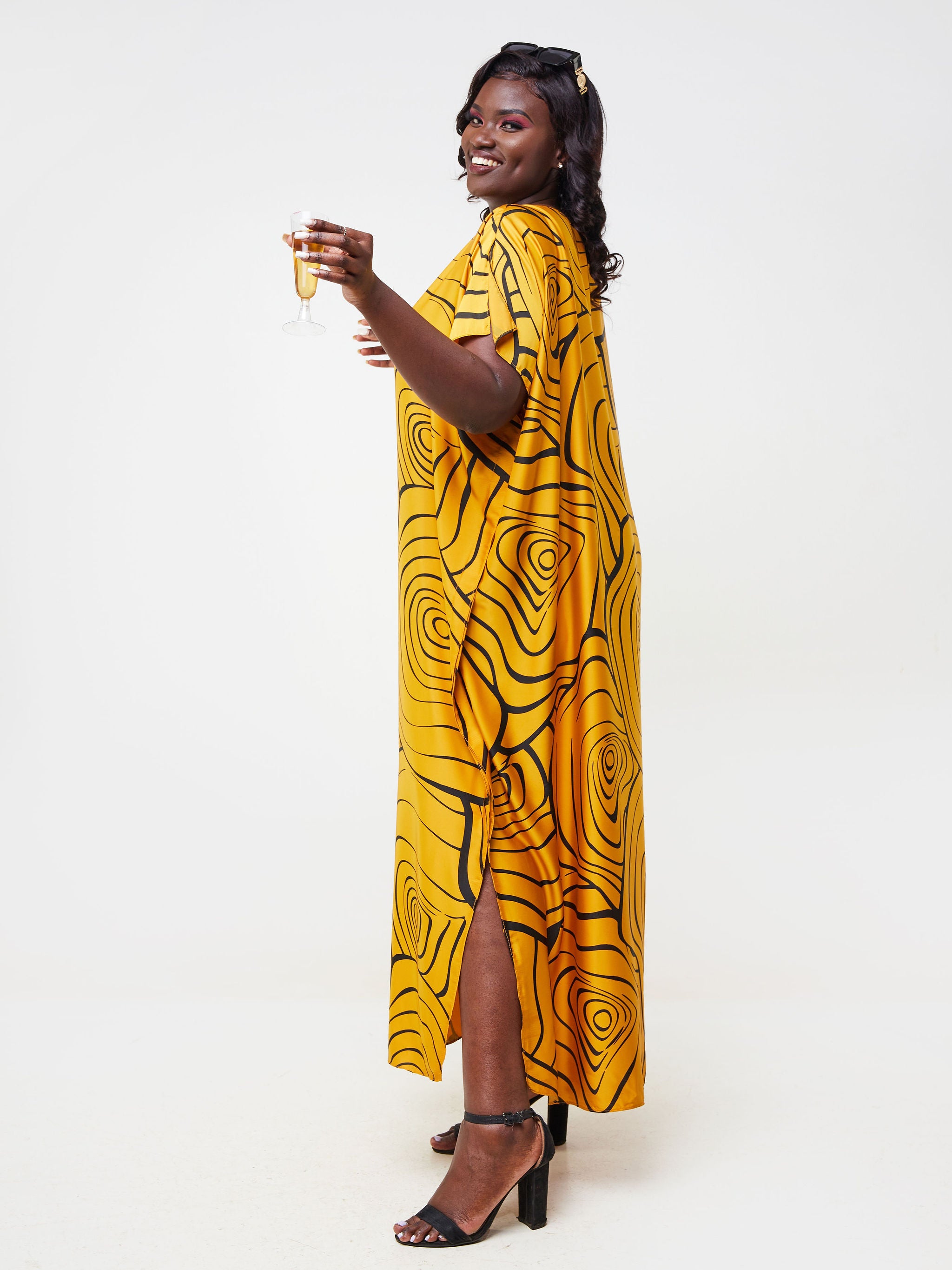 Vivo Asika Maxi Kaftan - Mustard / Black Abstract Print