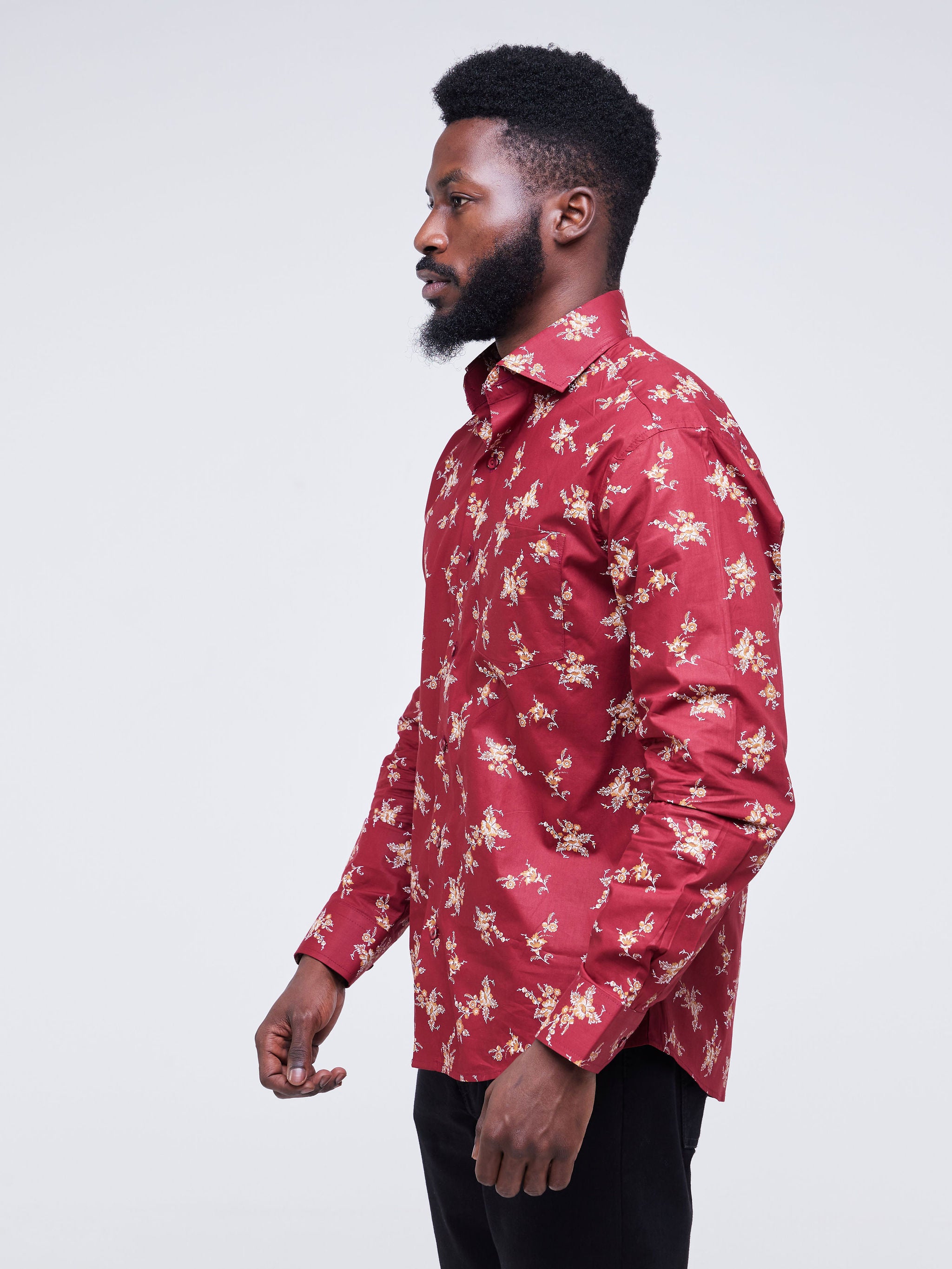 Safari Men's Long Sleeve Shirt - Maroon Floral Print