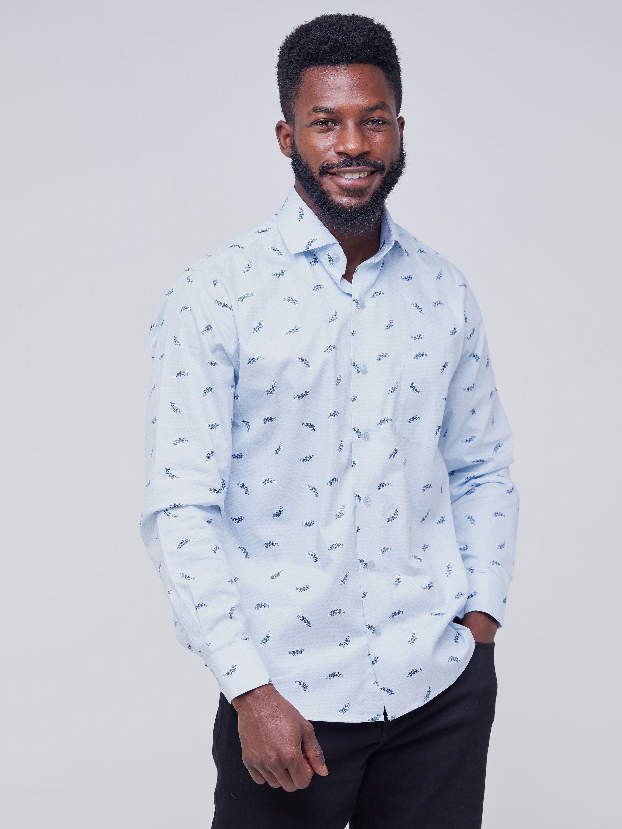 Safari Men's Long Sleeve Shirt - Light Blue Floral Print