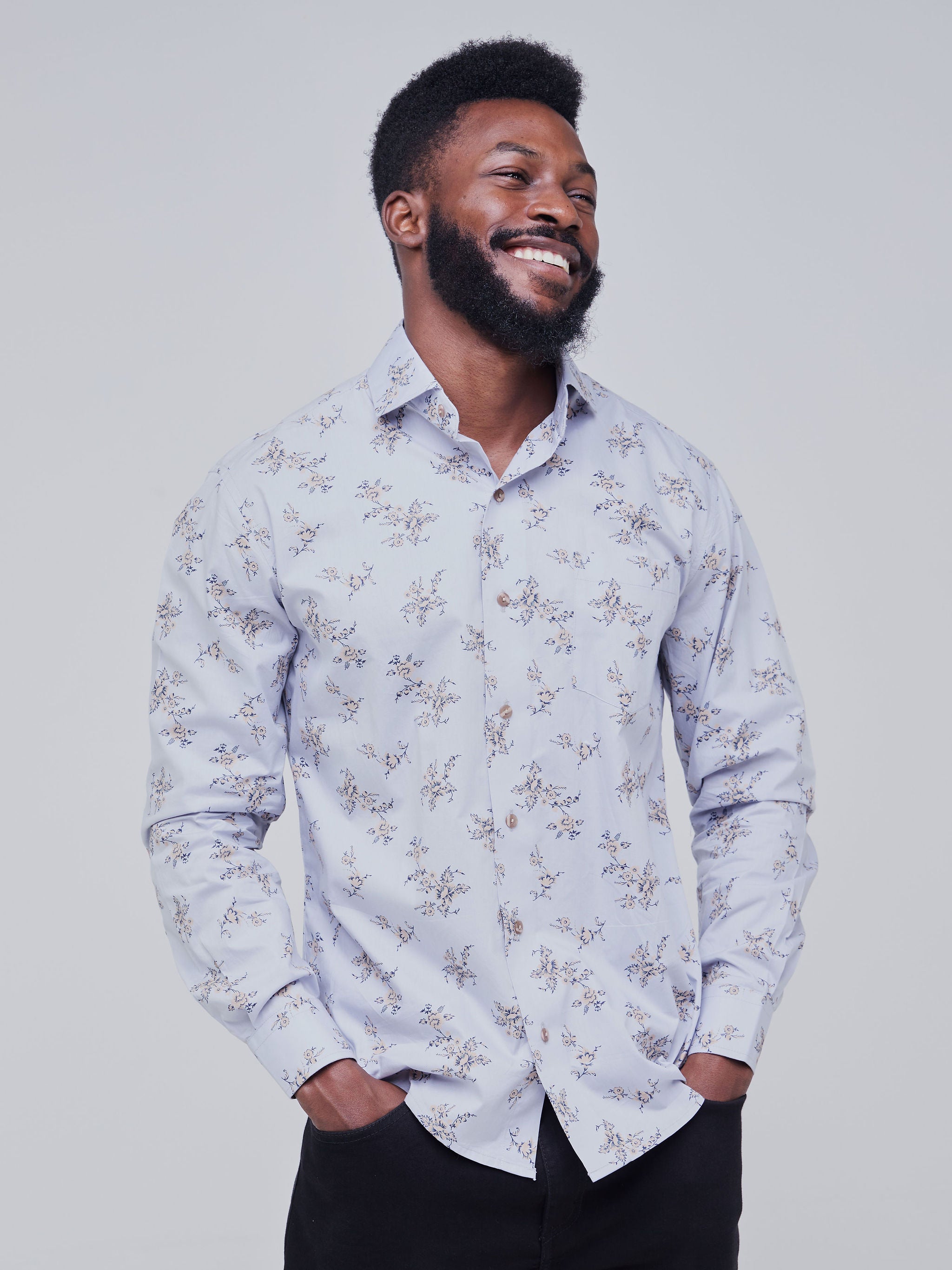 Safari Men's Long Sleeve Shirt - Light Grey Floral Print