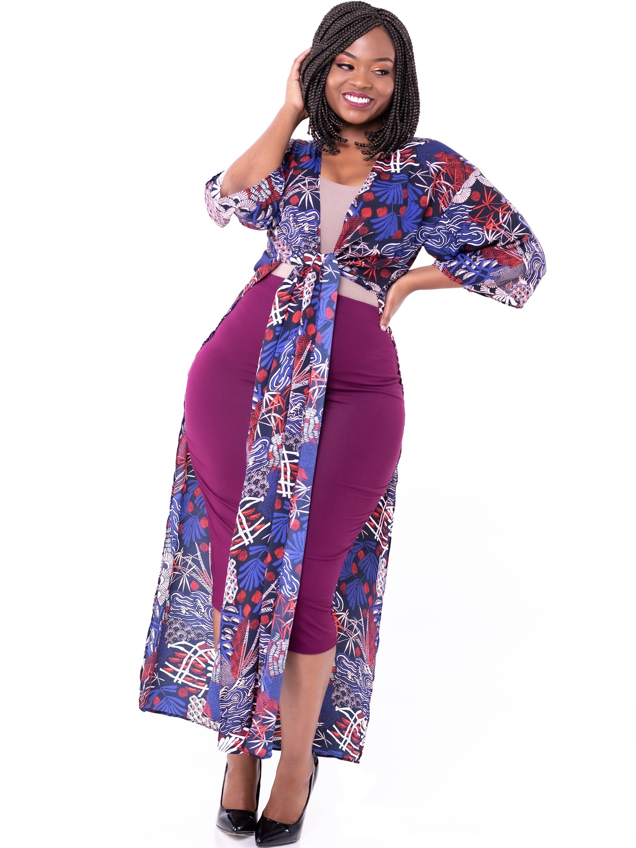 Vivo Nandi High Slit Kimono - Navy & Red Print - Shop Zetu