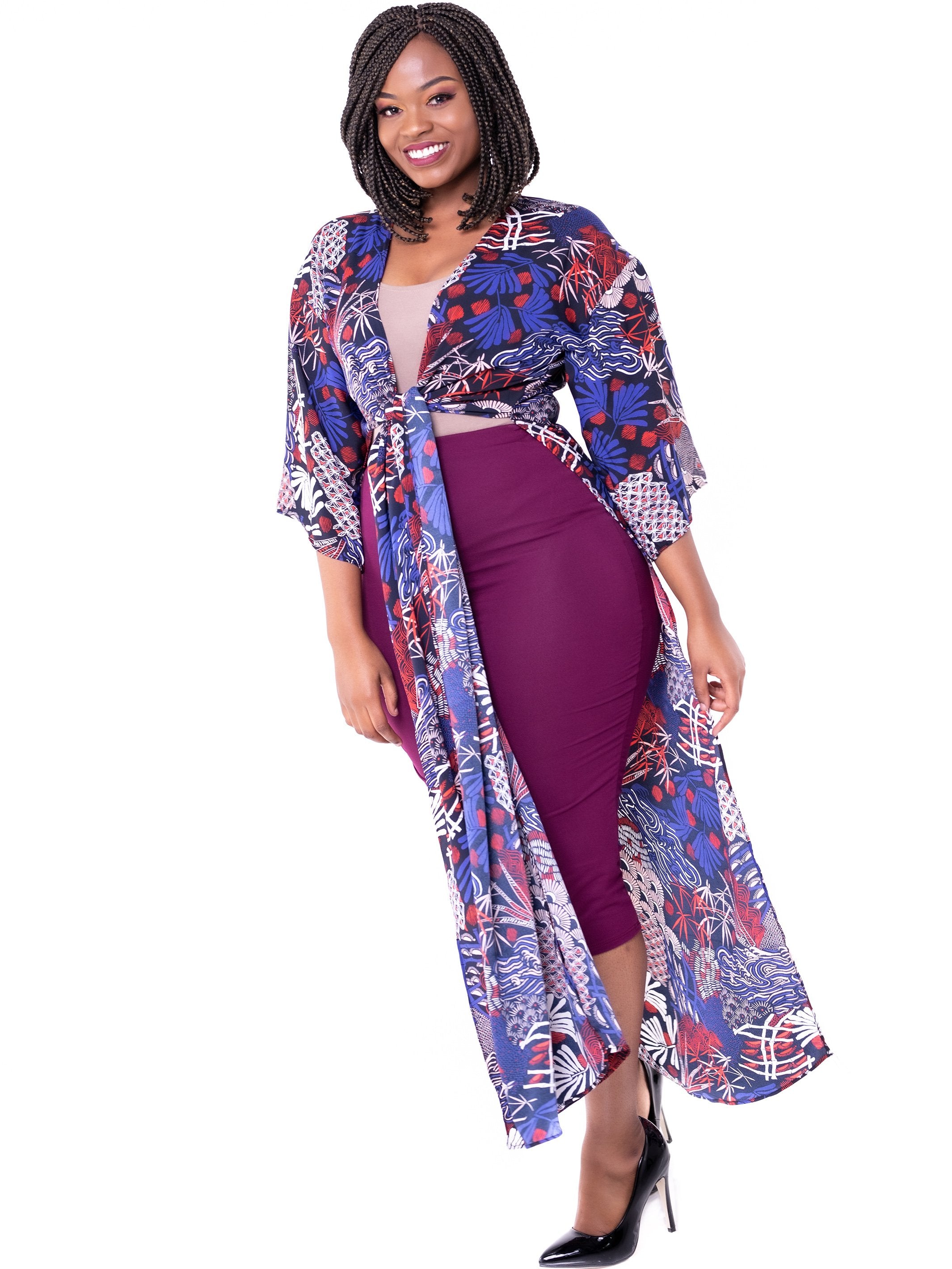 Vivo Nandi High Slit Kimono - Navy & Red Print - Shop Zetu