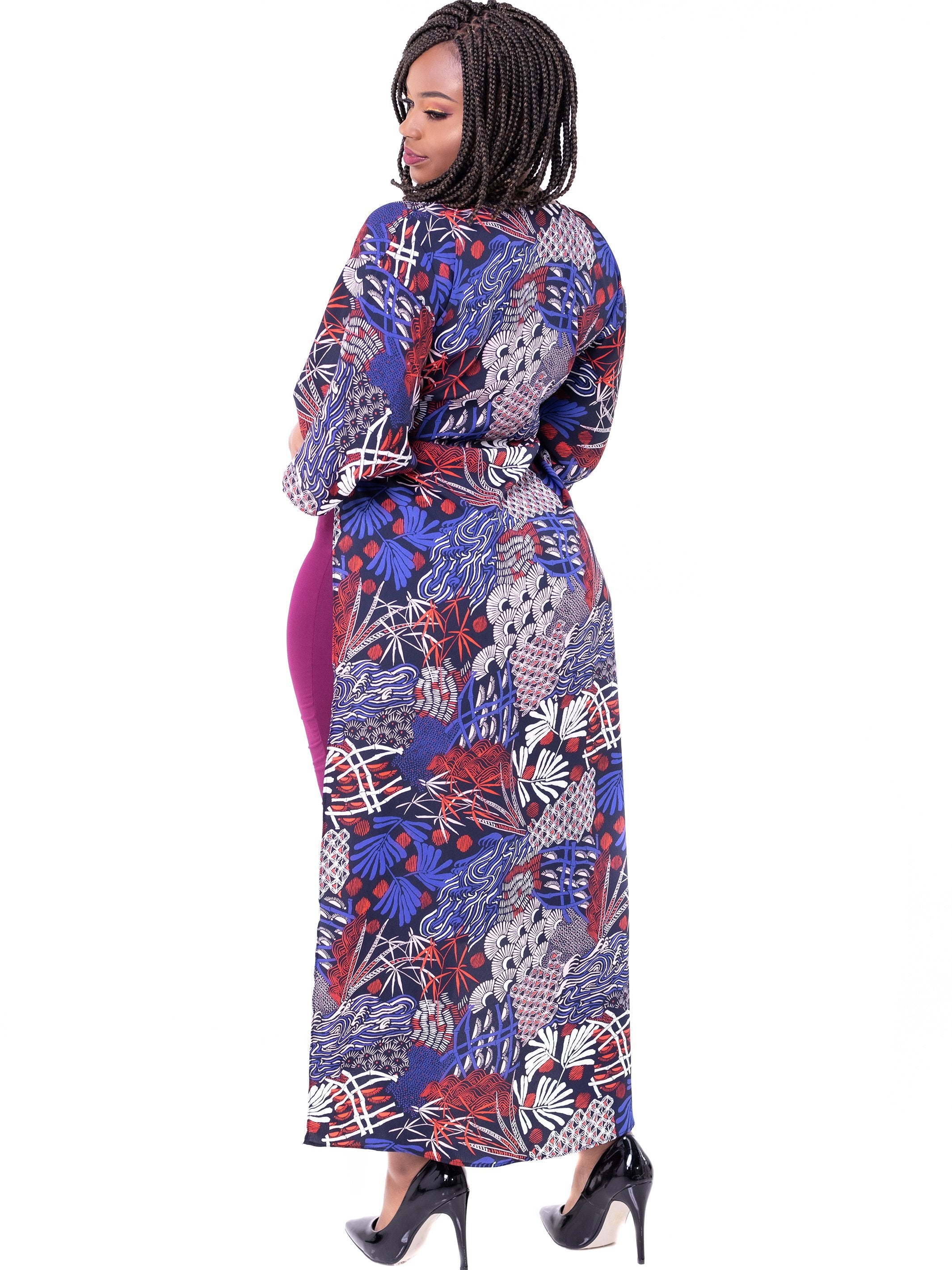 Vivo Nandi High Slit Kimono - Navy & Red Print - Shop Zetu
