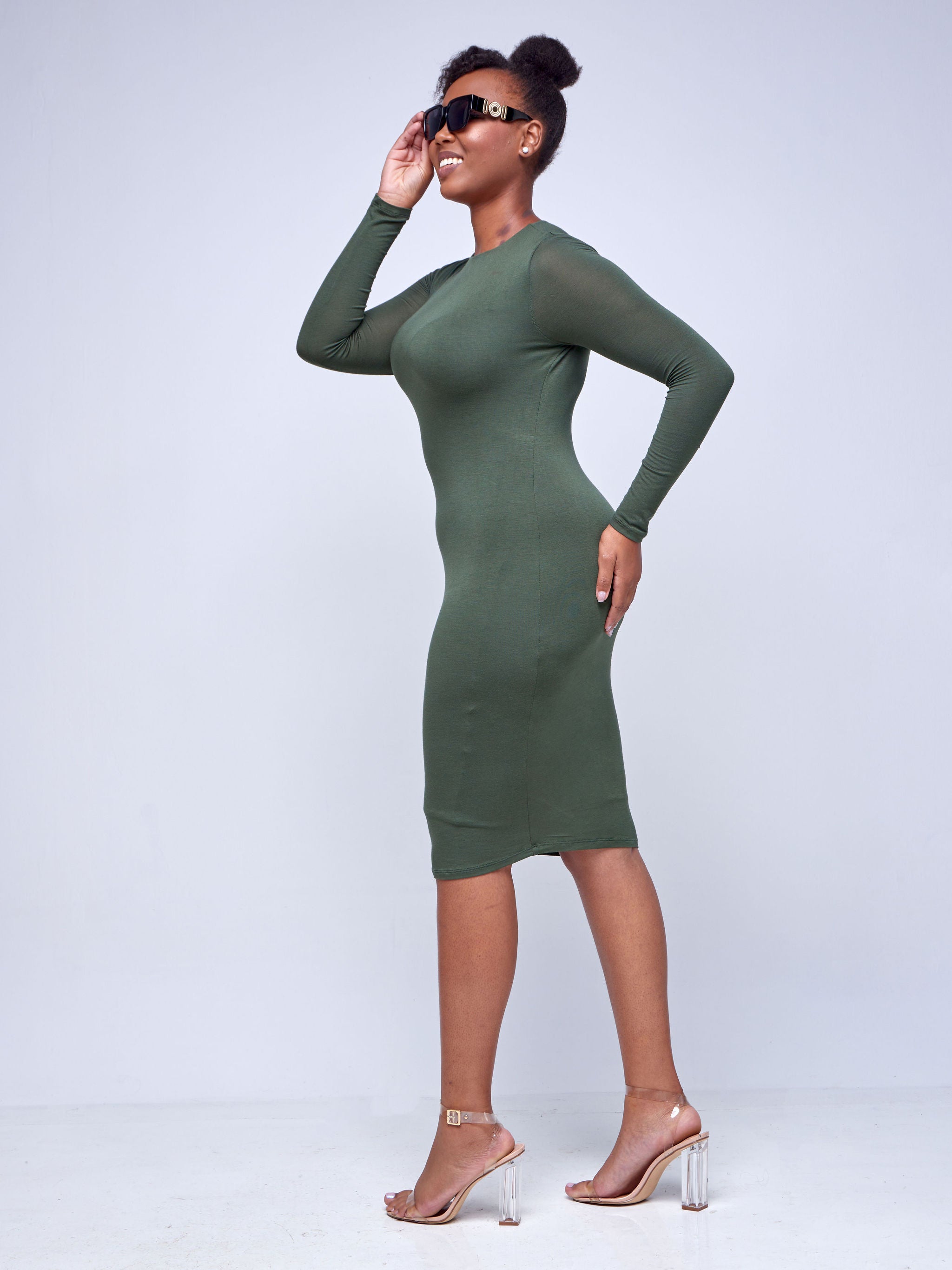 Popular 21 Long Sleeve Double Layer Midi Dress Olive Green Vivo Fashion Group Kenya