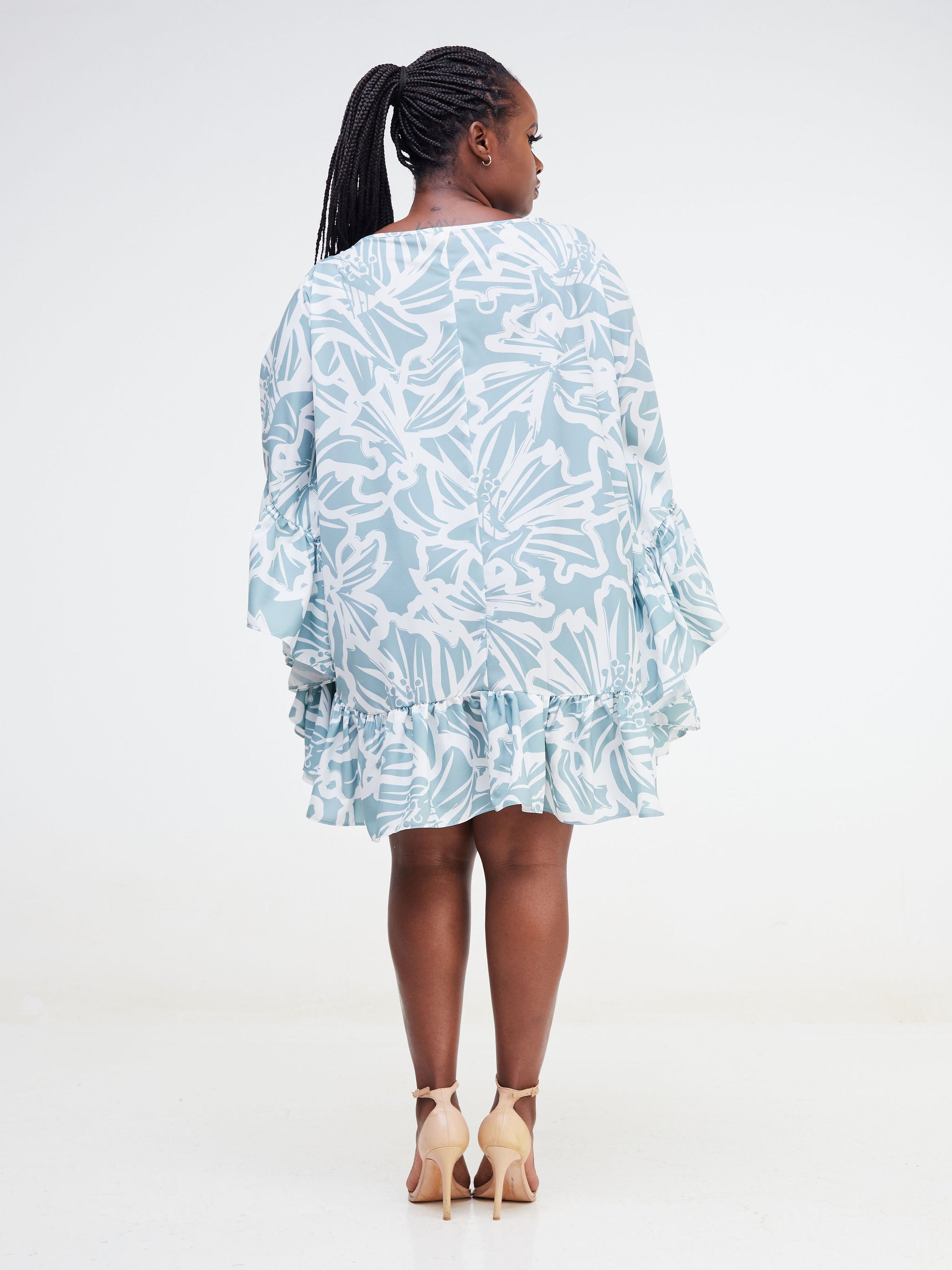 Vivo Malindi Flounce Kaftan Dress (JK) - White / Mint Green Abstract Print