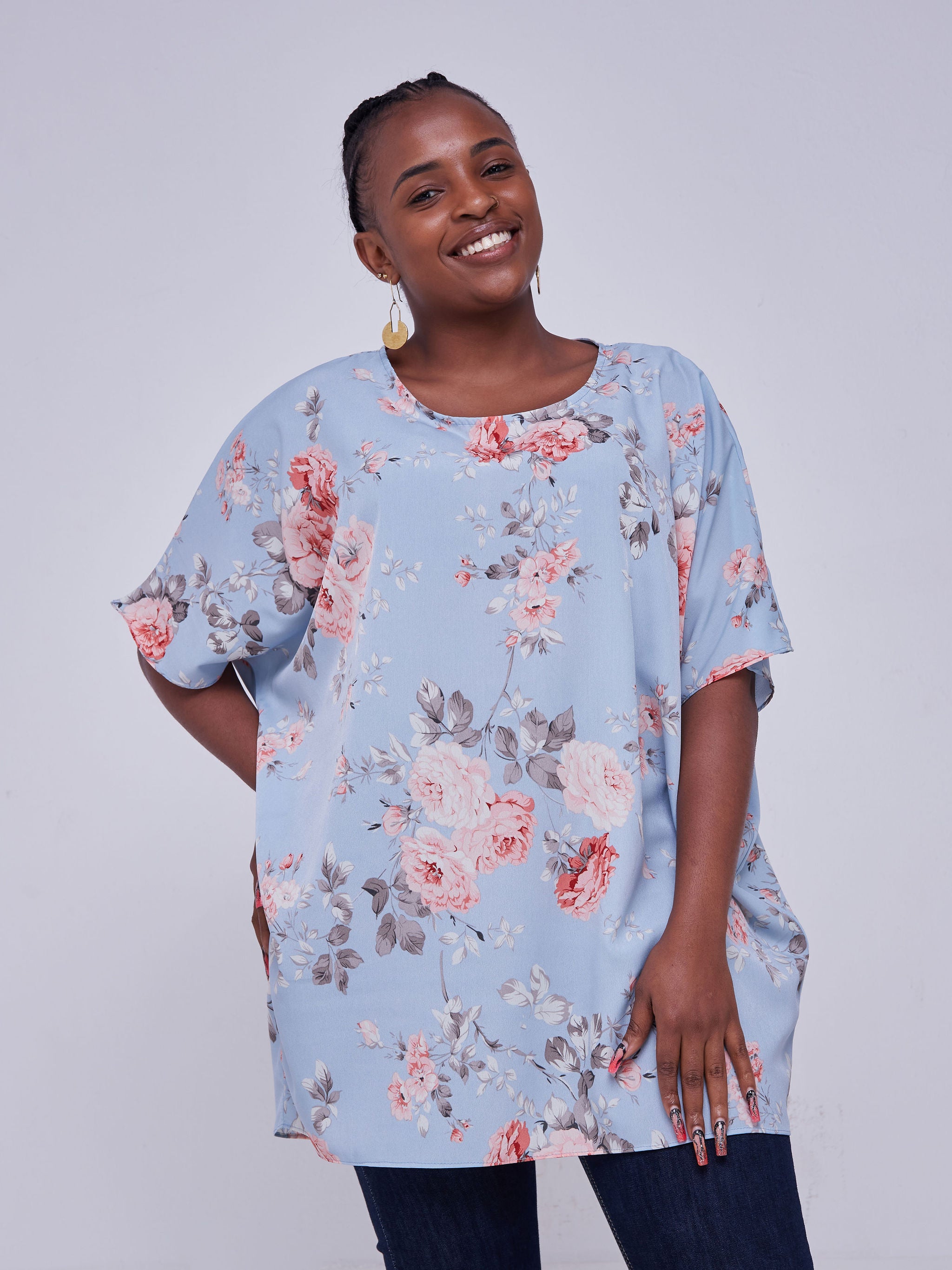 Vivo Thando Dolman Tunic Top - Light Blue / Pink Floral Print