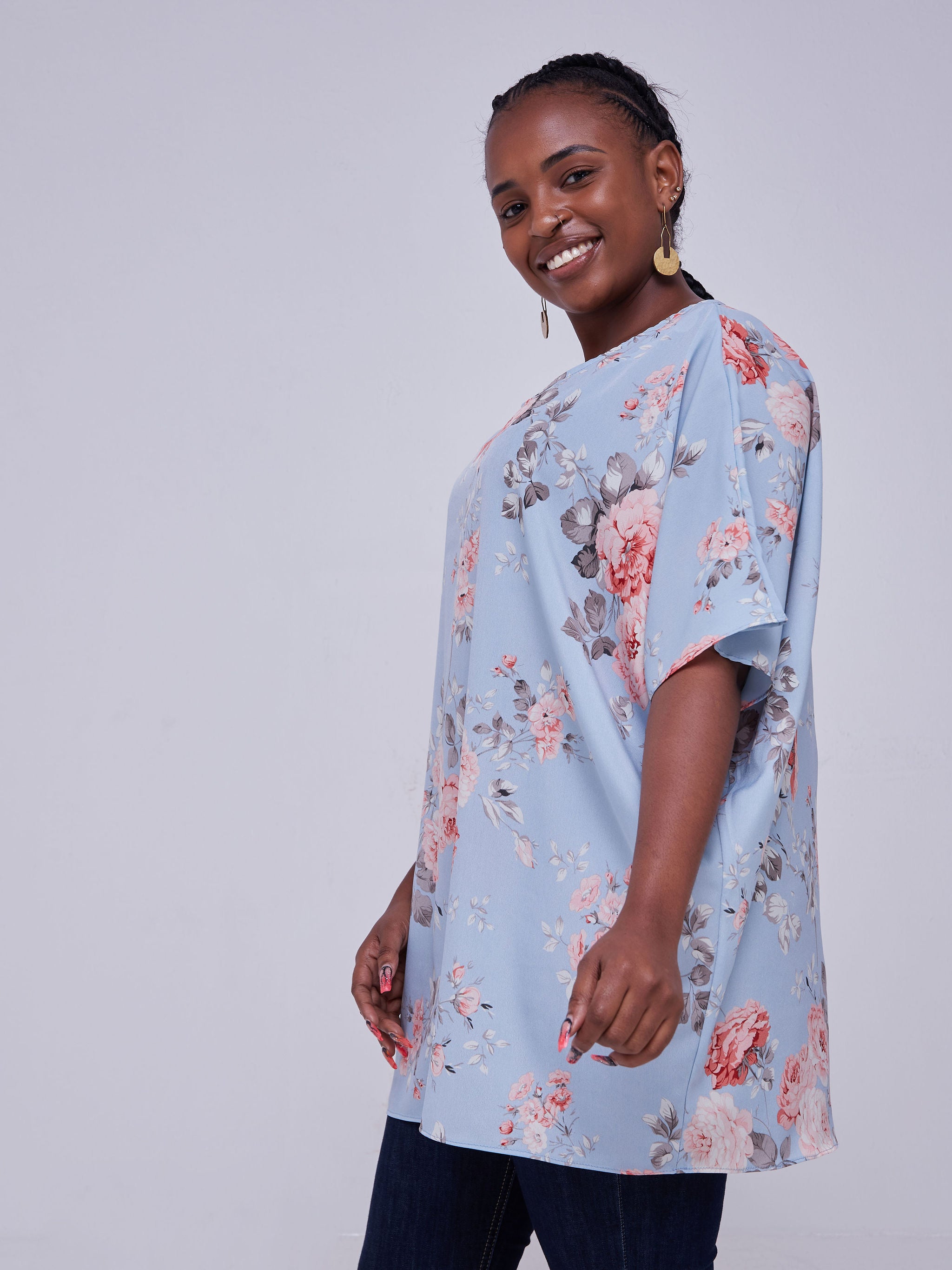 Vivo Thando Dolman Tunic Top - Light Blue / Pink Floral Print