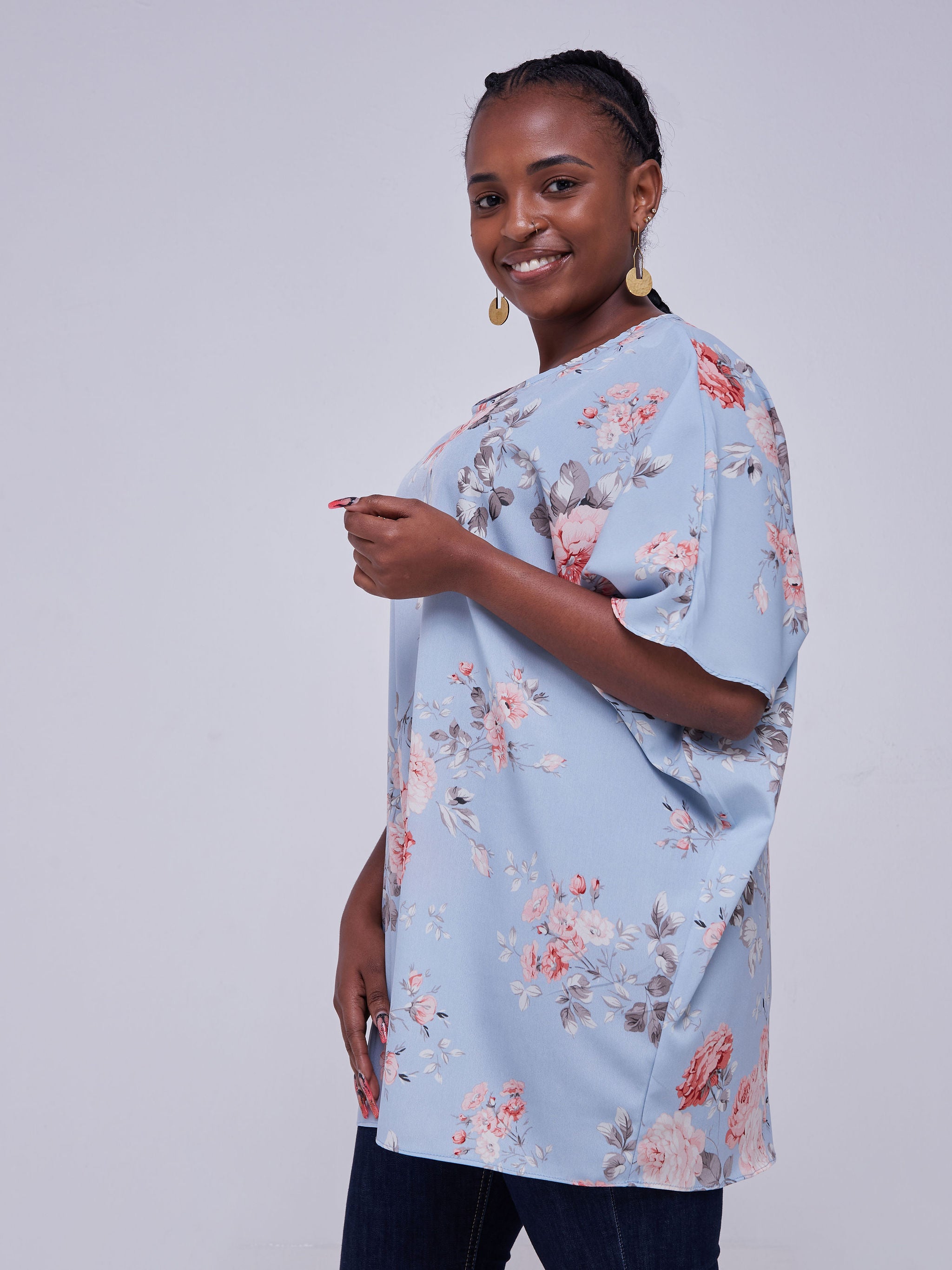 Vivo Thando Dolman Tunic Top - Light Blue / Pink Floral Print