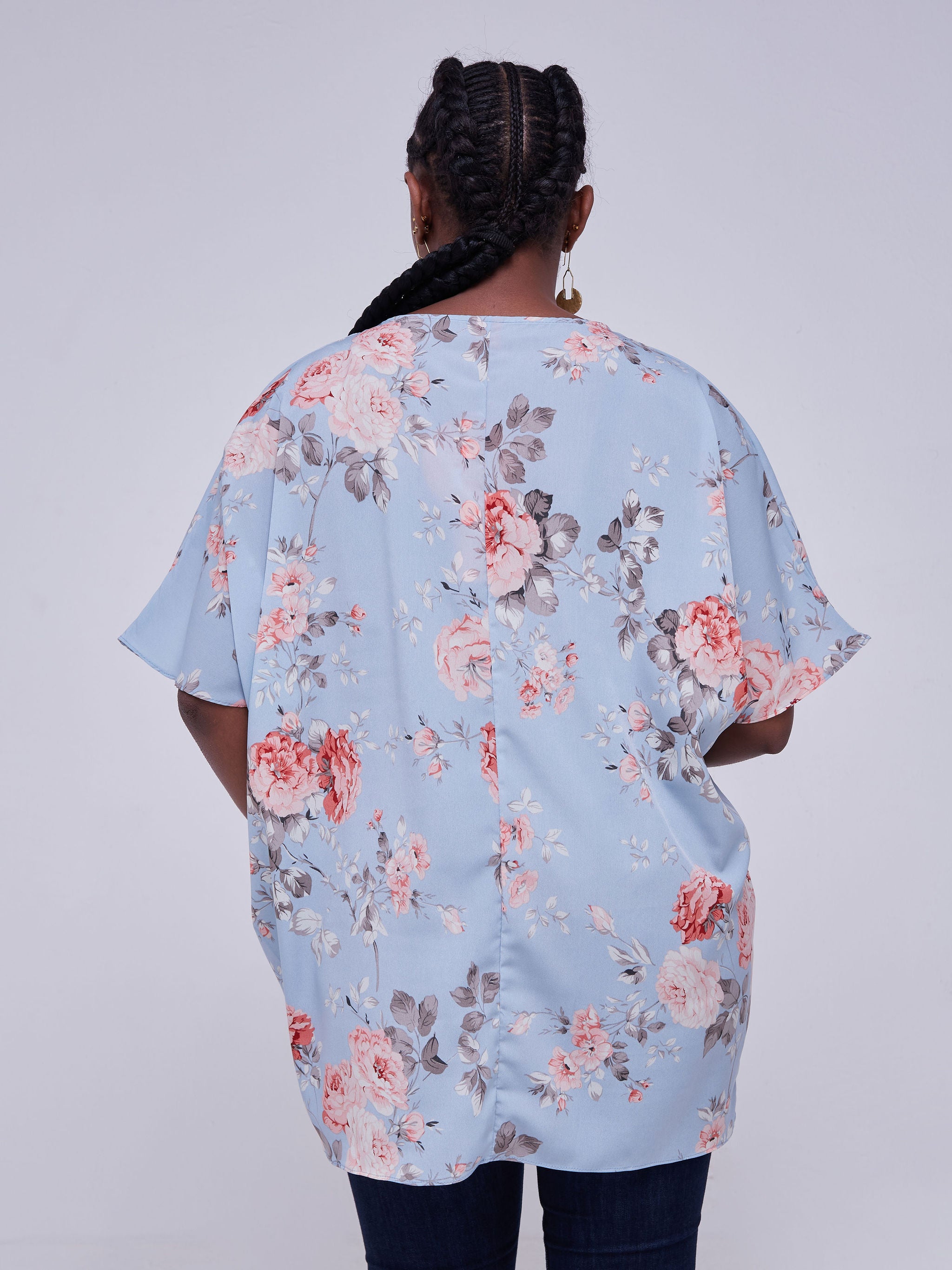 Vivo Thando Dolman Tunic Top - Light Blue / Pink Floral Print