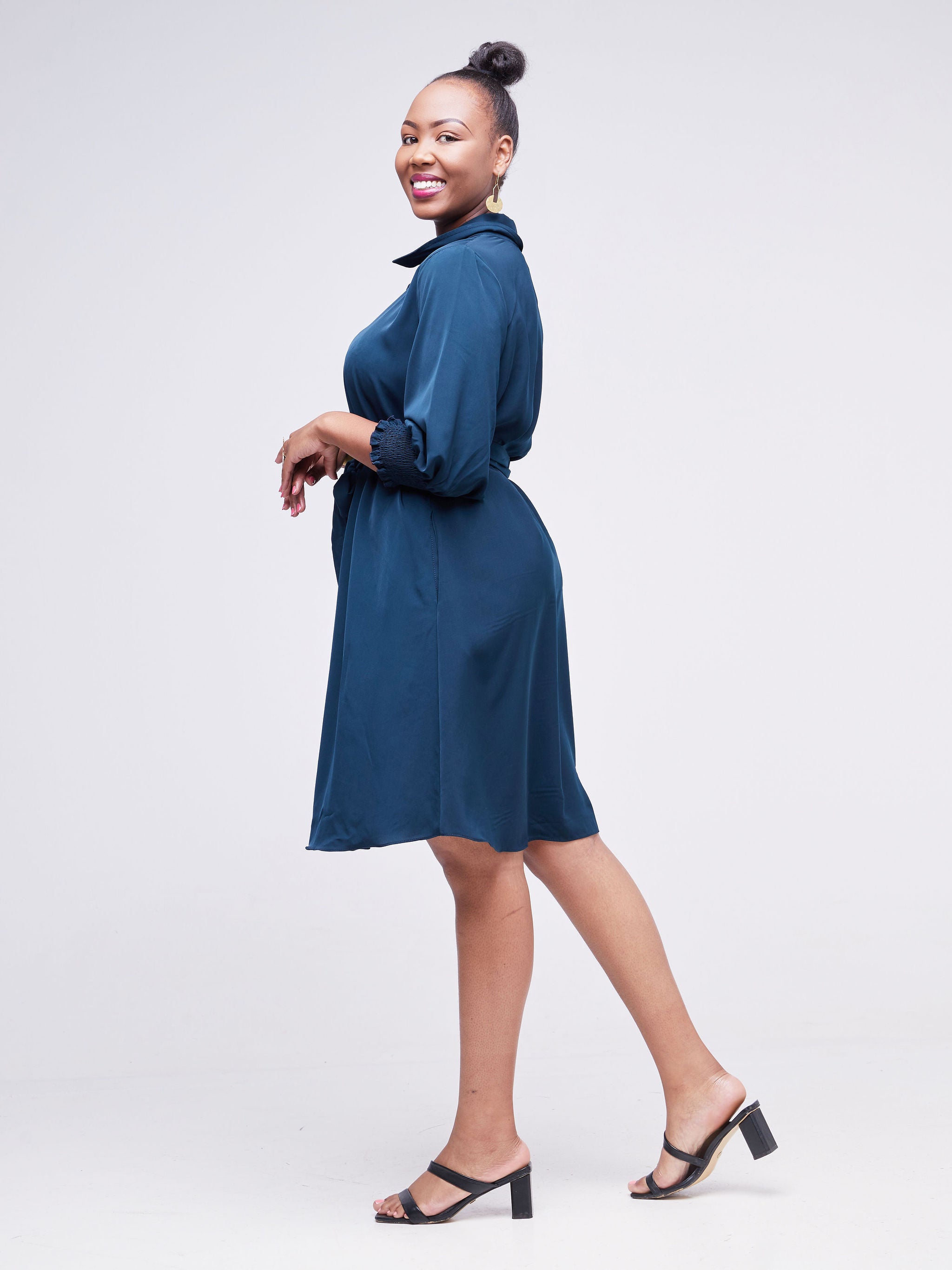 Vivo Fahari 3/4 Sleeve A-Line Shirt Dress - Dark Teal