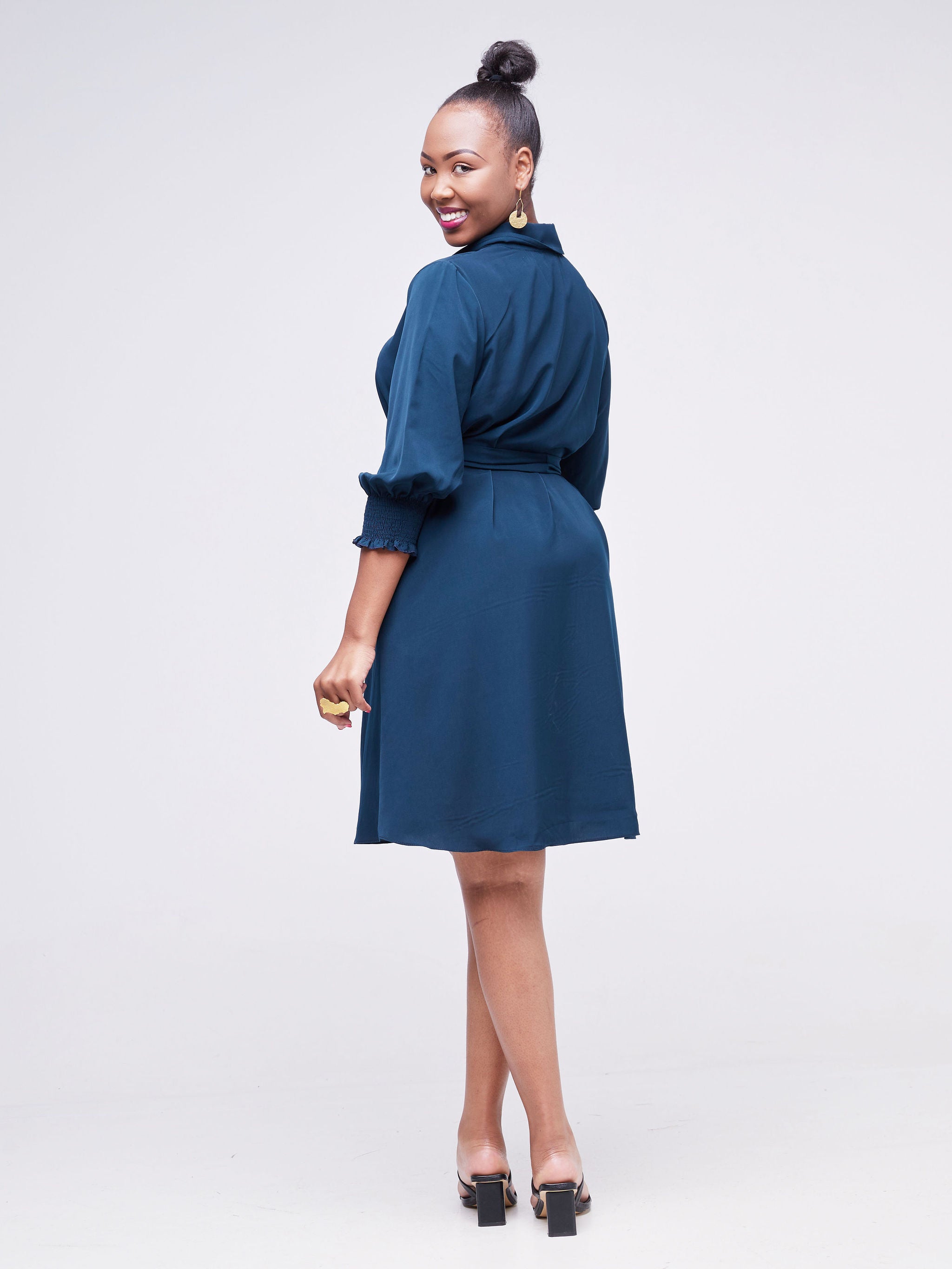 Vivo Fahari 3/4 Sleeve A-Line Shirt Dress - Dark Teal