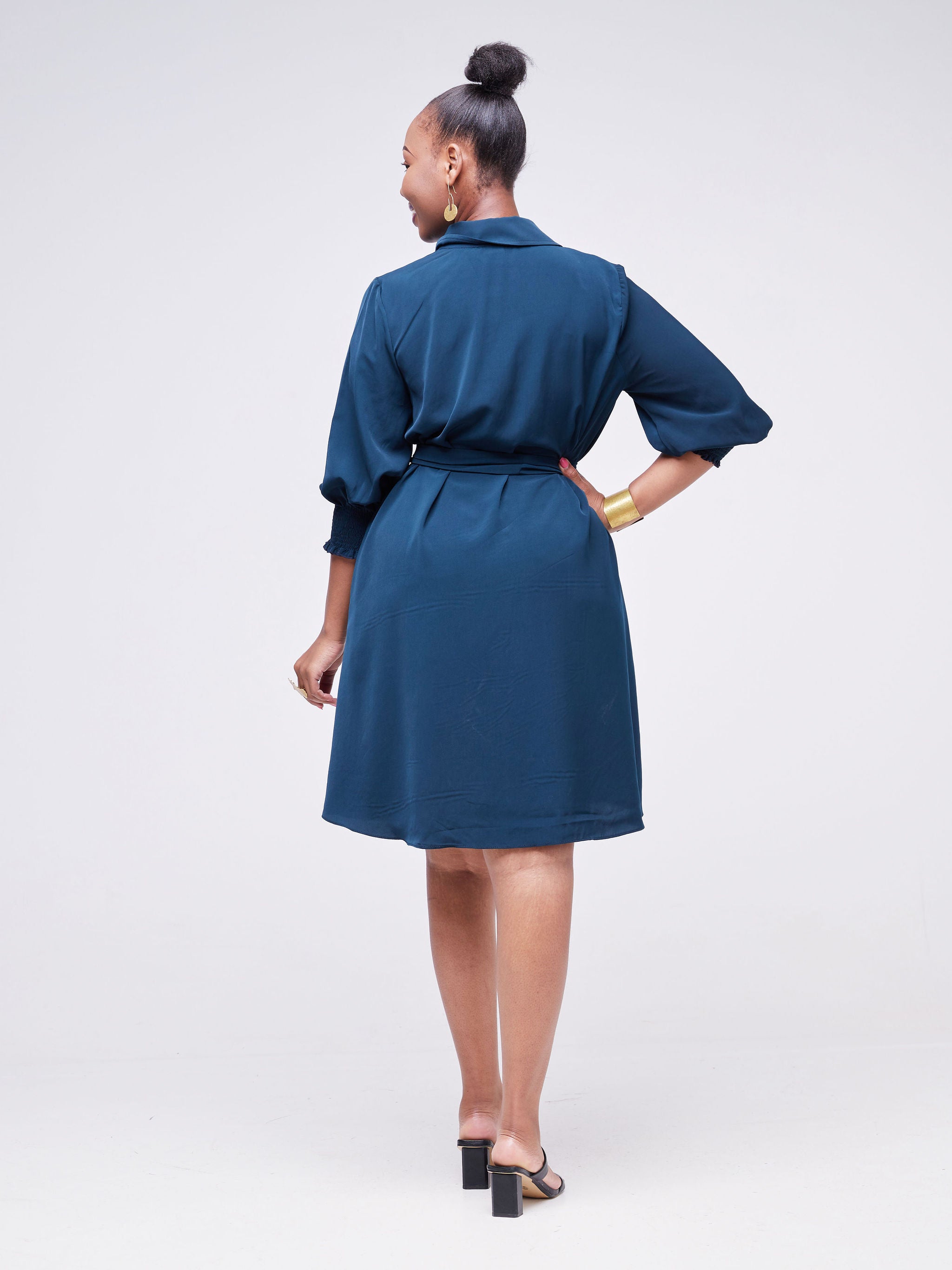 Vivo Fahari 3/4 Sleeve A-Line Shirt Dress - Dark Teal