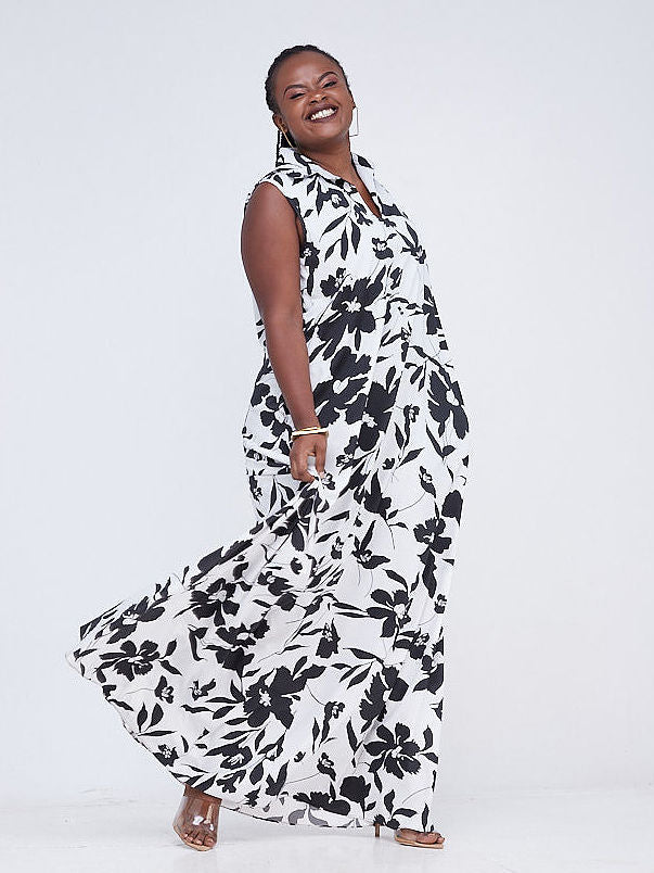 Vivo Zuri Sleeveless Tent Maxi Dress - White / Black Print