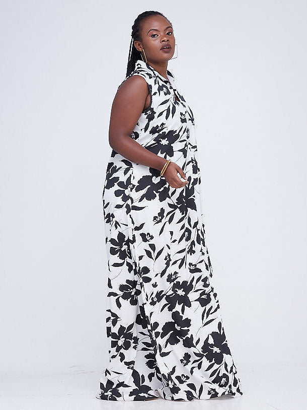 Vivo Zuri Sleeveless Tent Maxi Dress - White / Black Print