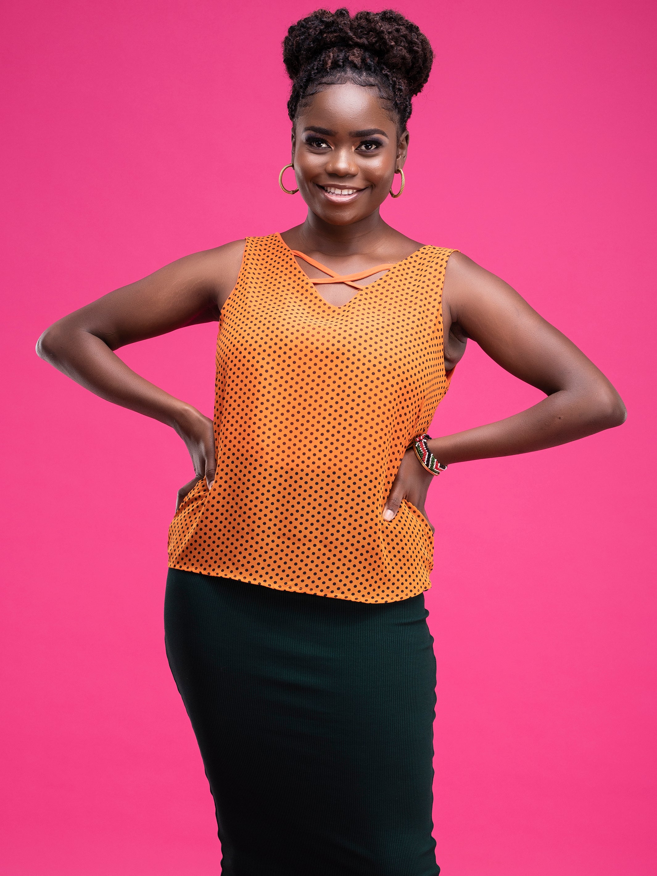 Vivo Diani V-Neck Top - Orange Polka Print