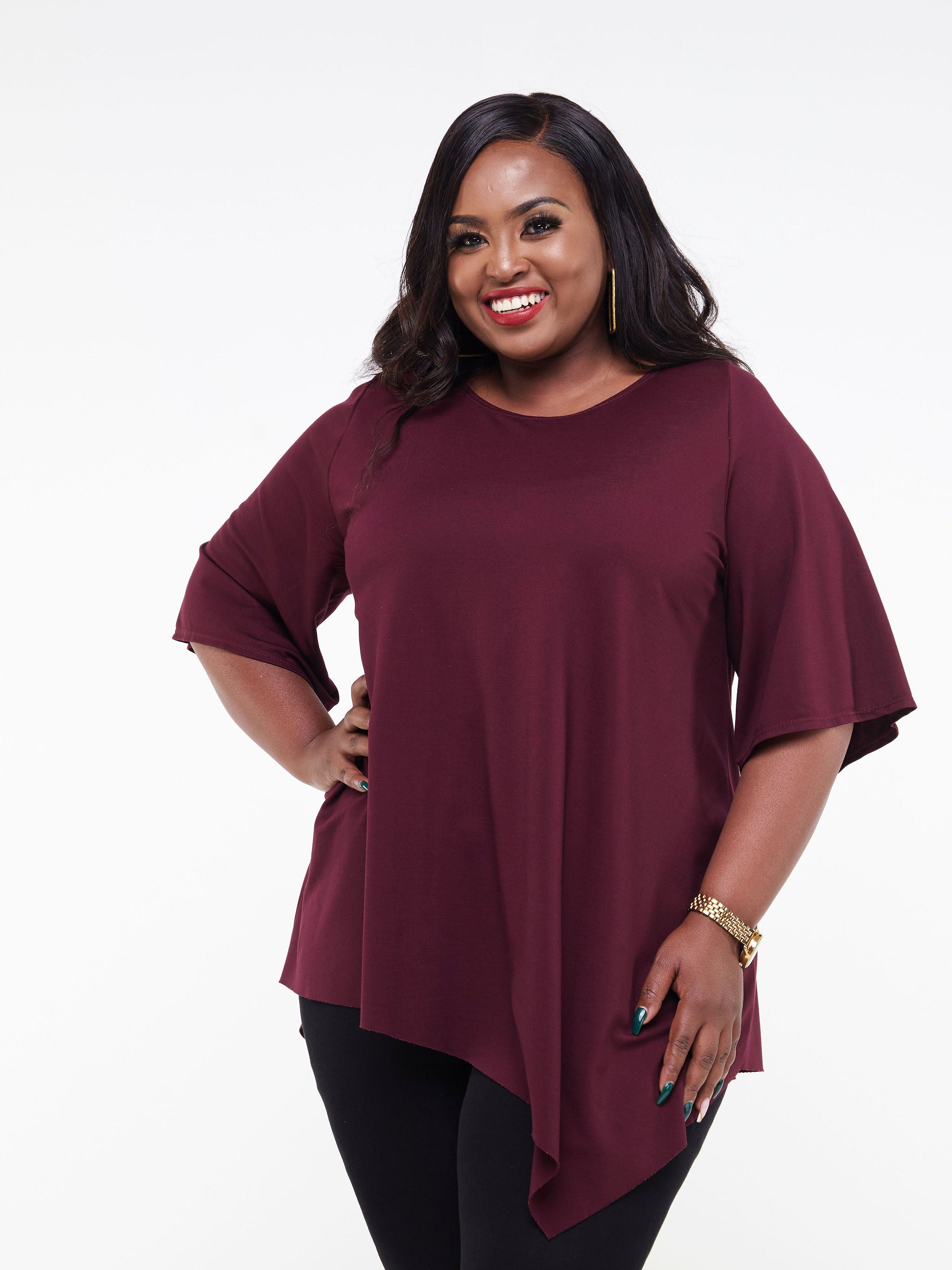 Vivo Asymmetrical Angel Sleeve Top - Burgundy