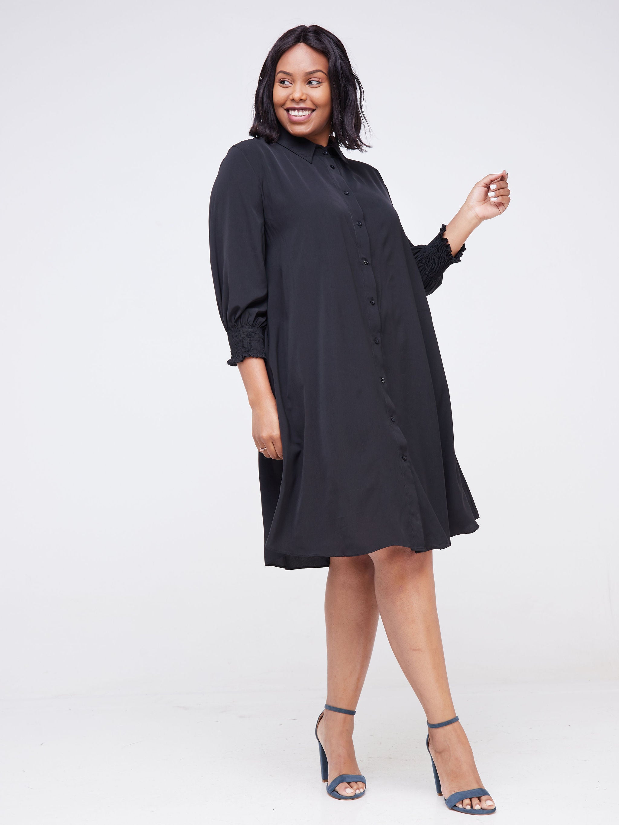Vivo Fahari 3/4 Sleeve A-Line Shirt Dress - Black