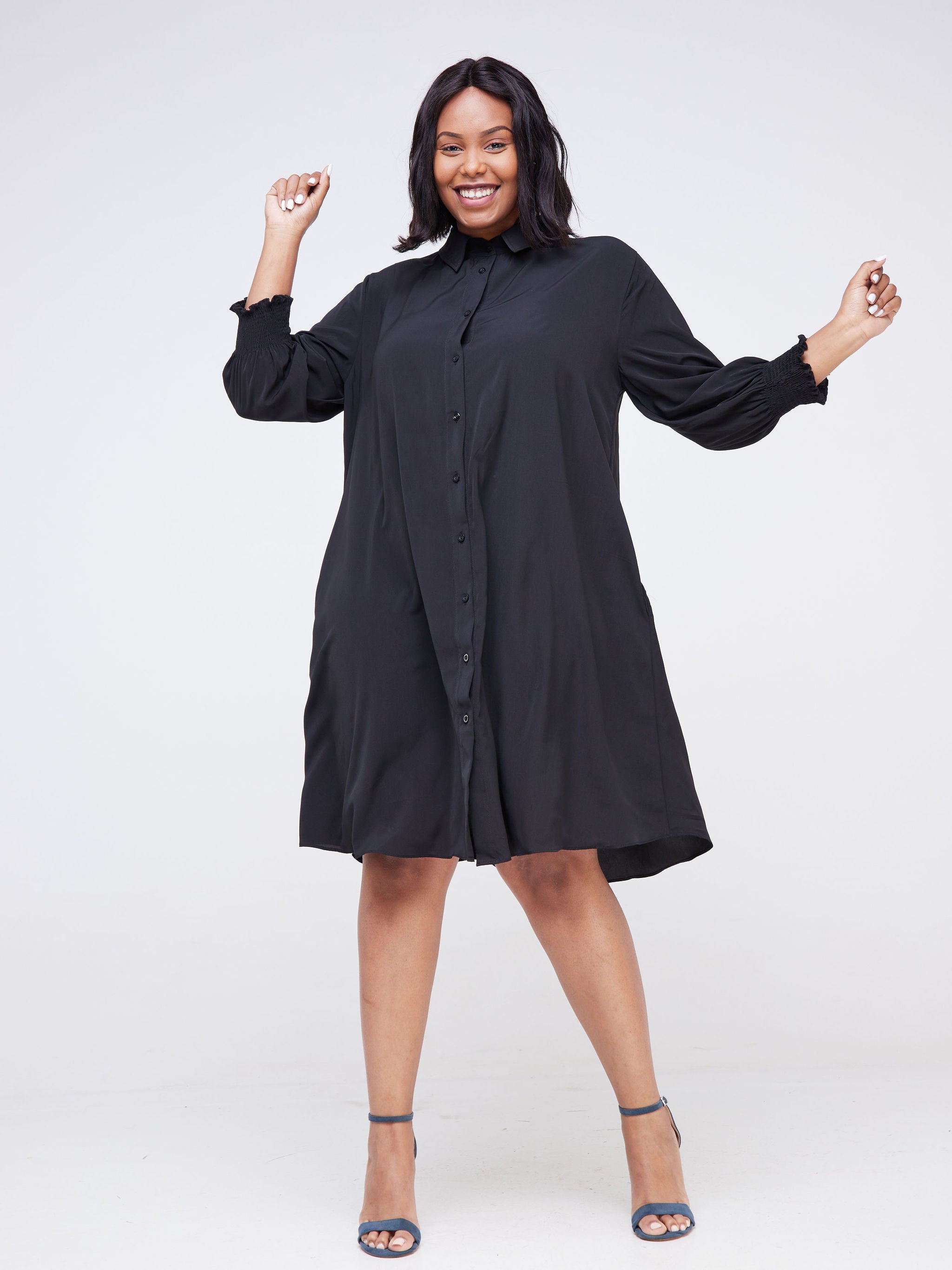 Vivo Fahari 3/4 Sleeve A-Line Shirt Dress - Black