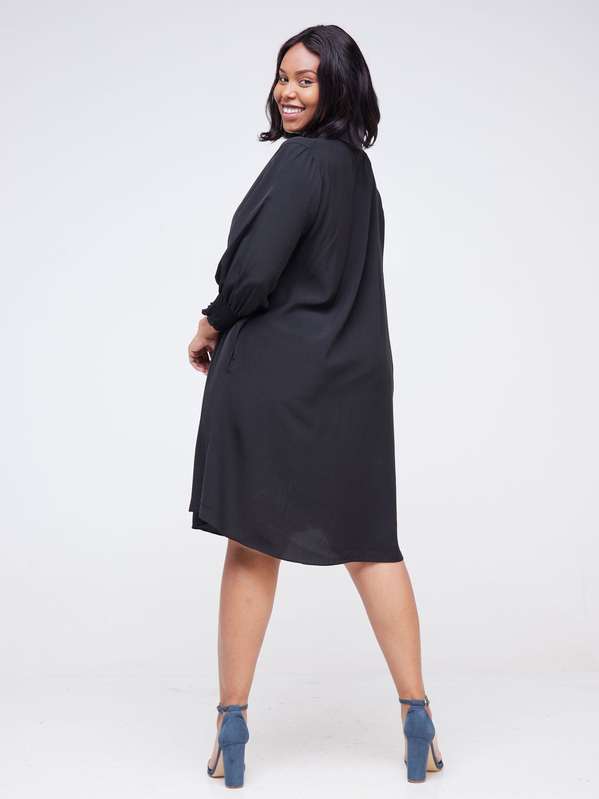 Vivo Fahari 3/4 Sleeve A-Line Shirt Dress - Black