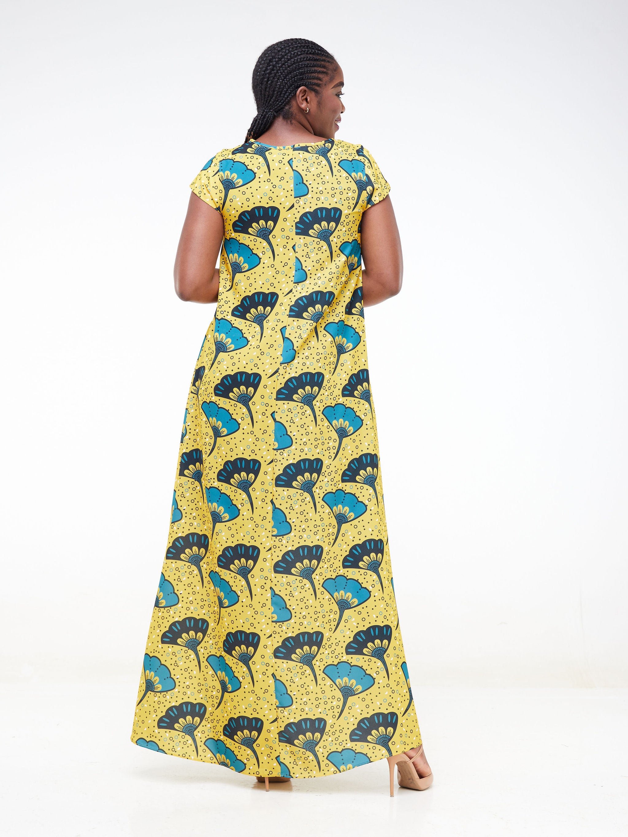 Vivo Basic Cap Sleeved Tent Maxi Dress - Teal / Mustard Floral Print