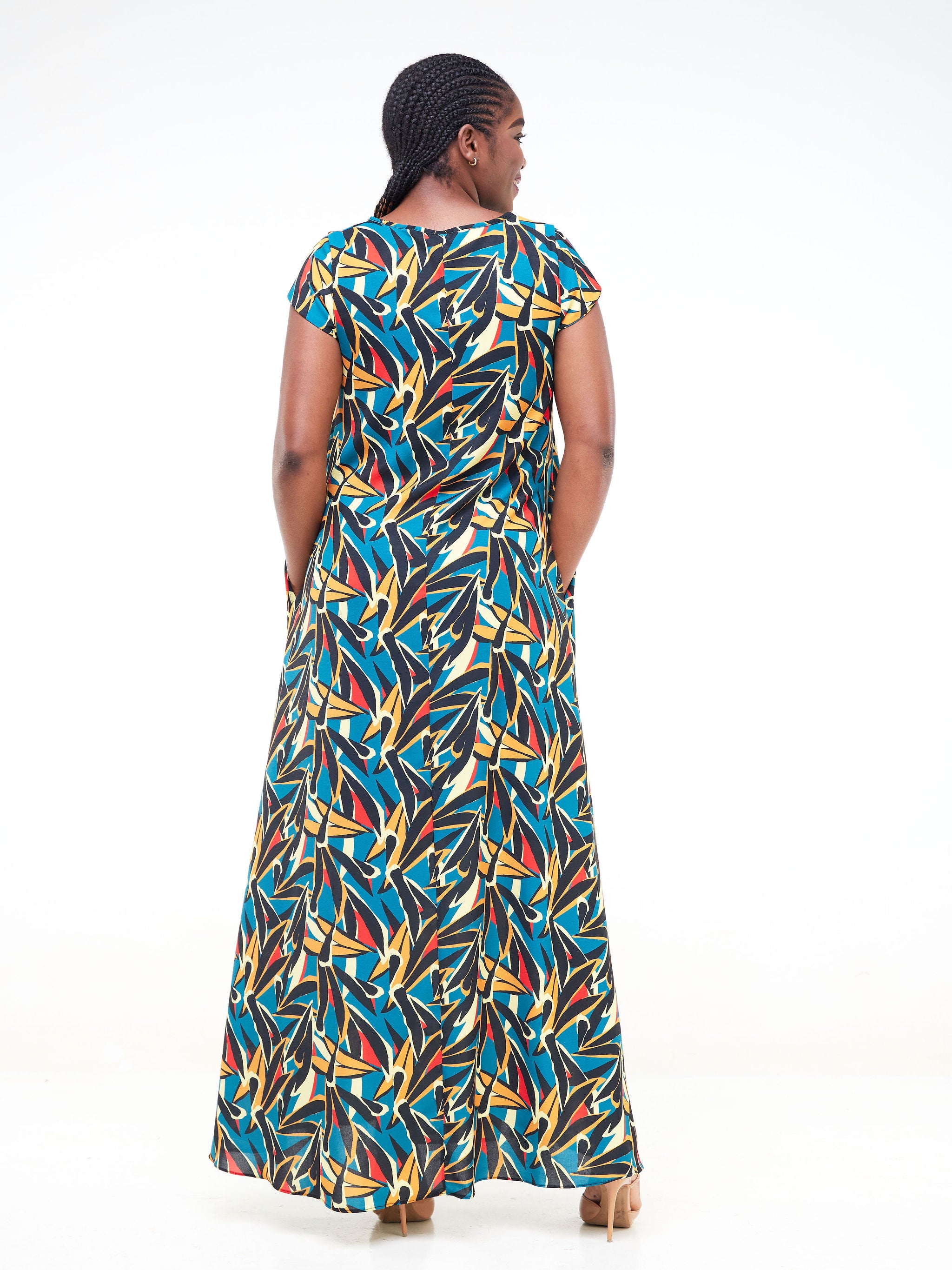 Vivo Basic Cap Sleeved Tent Maxi Dress - Teal / Orange Abstract Print