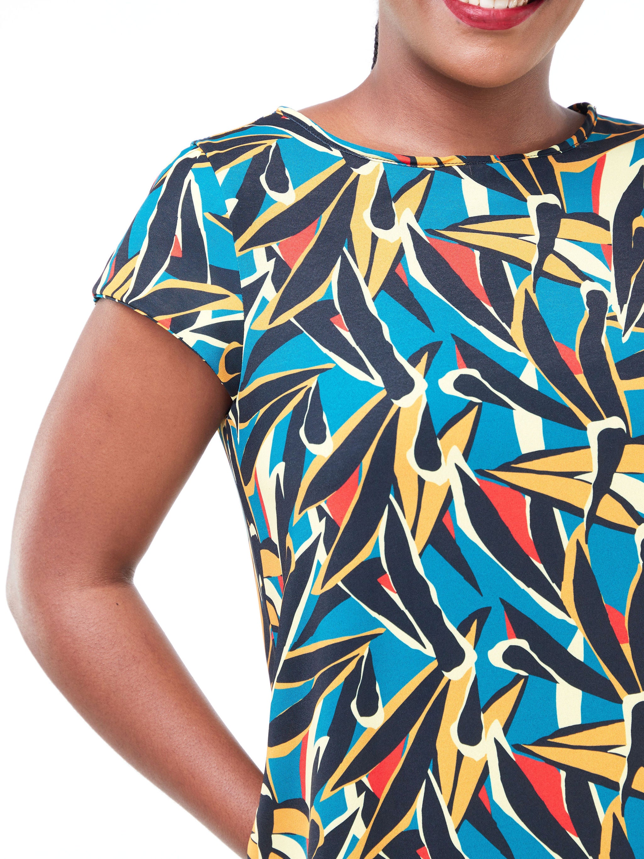 Vivo Basic Cap Sleeved Tent Maxi Dress - Teal / Orange Abstract Print