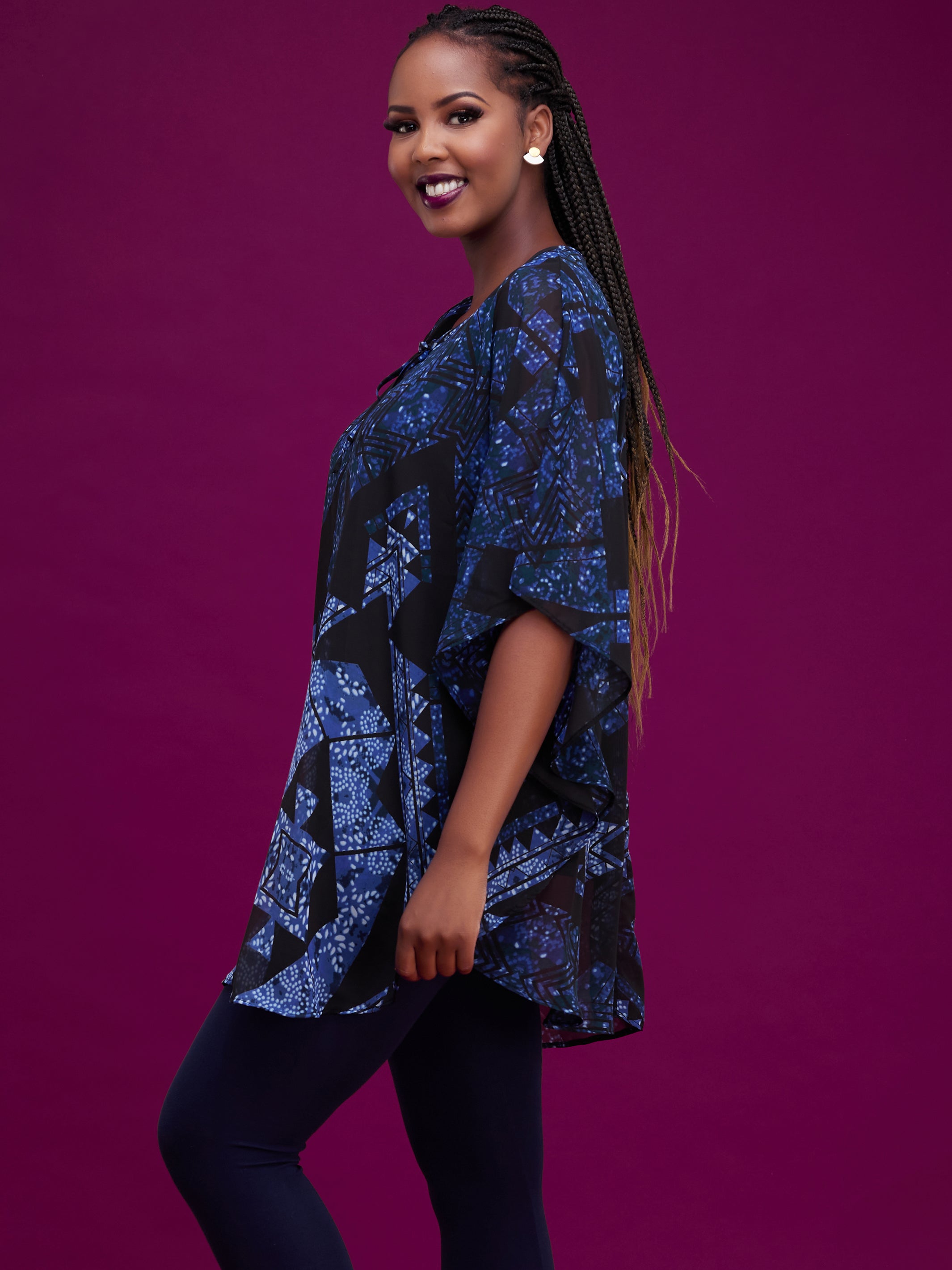 Vivo Bissa Chiffon Top - Black / Blue Print