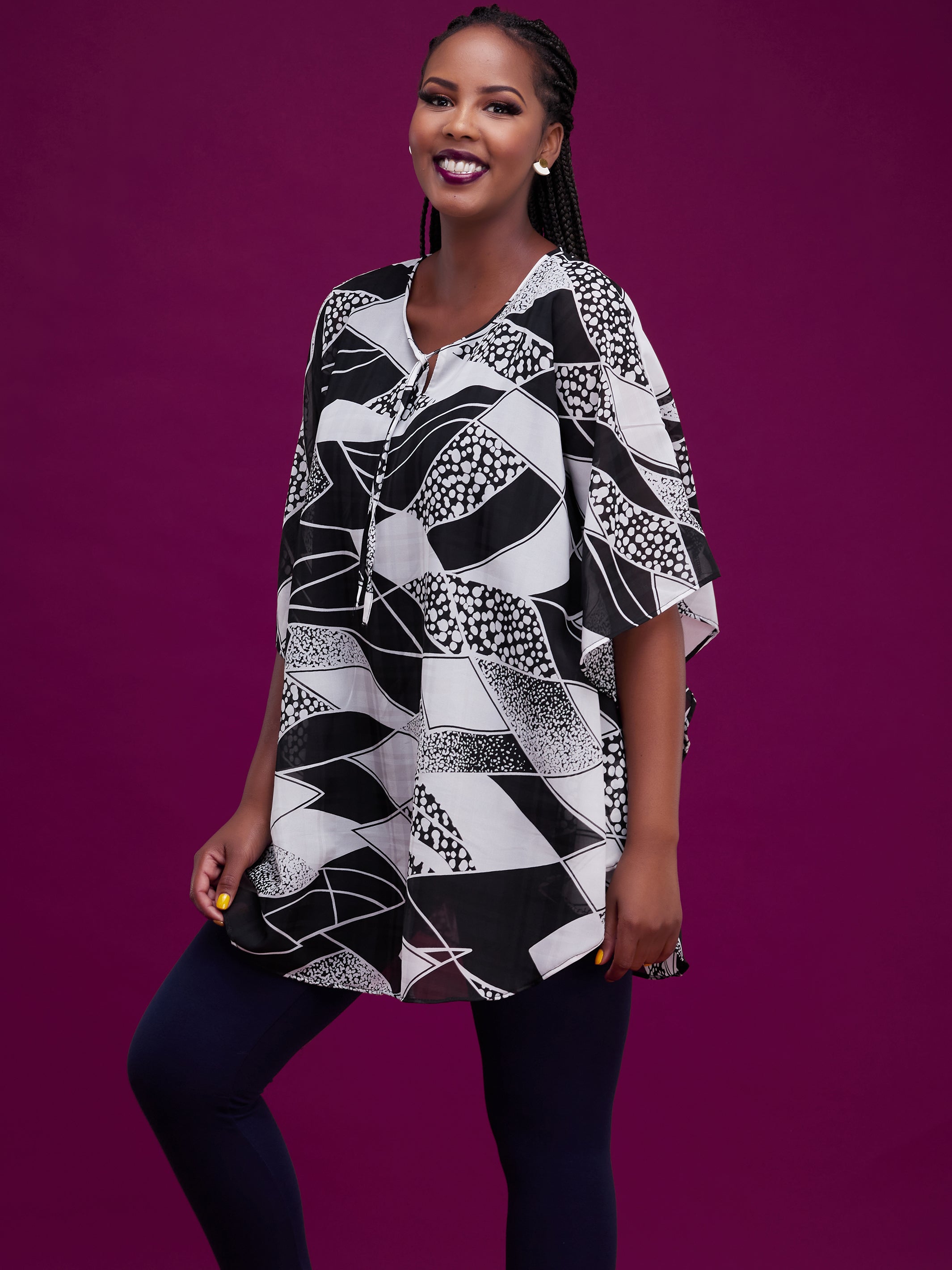 Vivo Bissa Chiffon Top - Black / White Print
