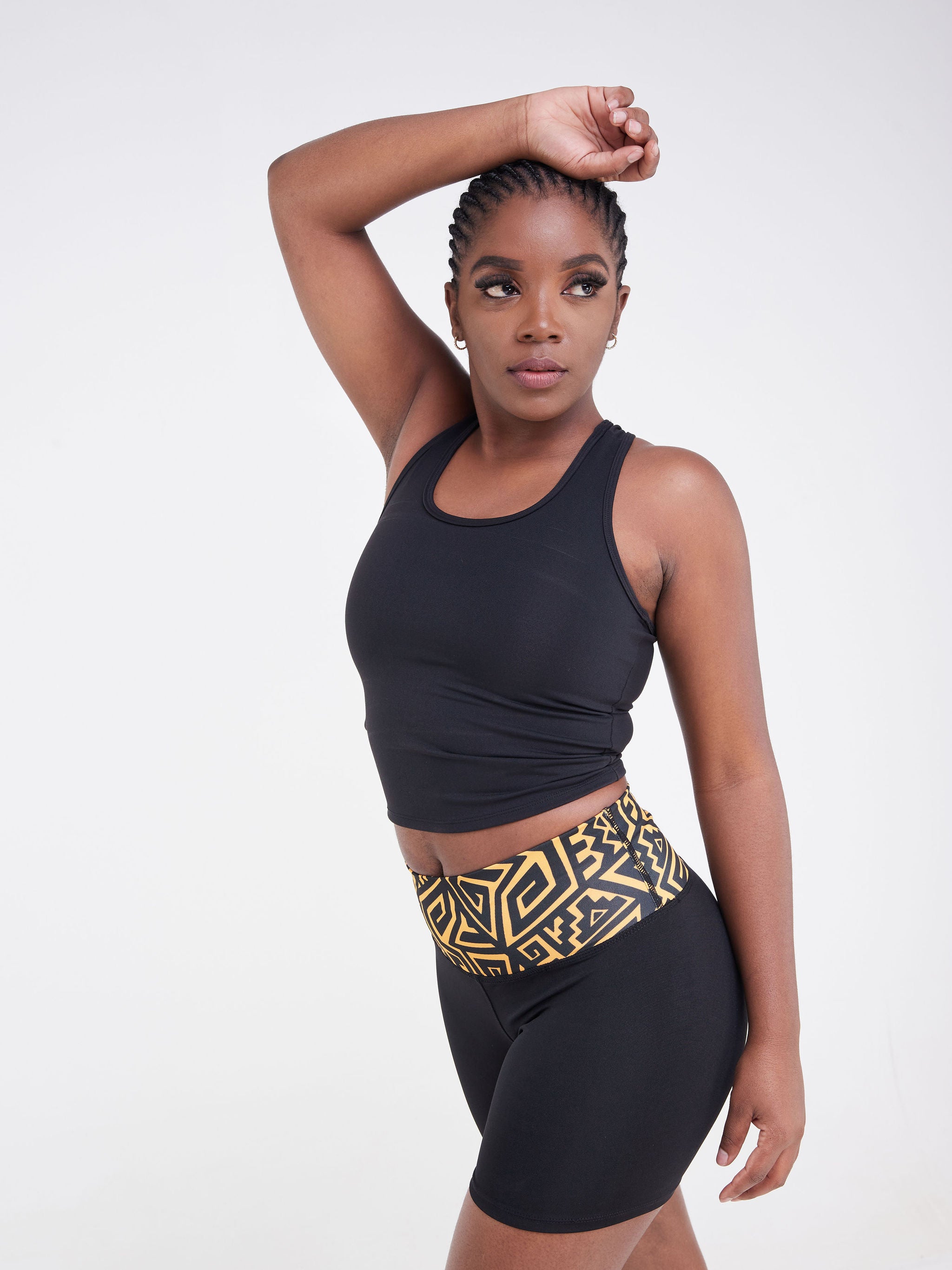 Vivo Fitness Shorts - Black / Mustard Geometric Print