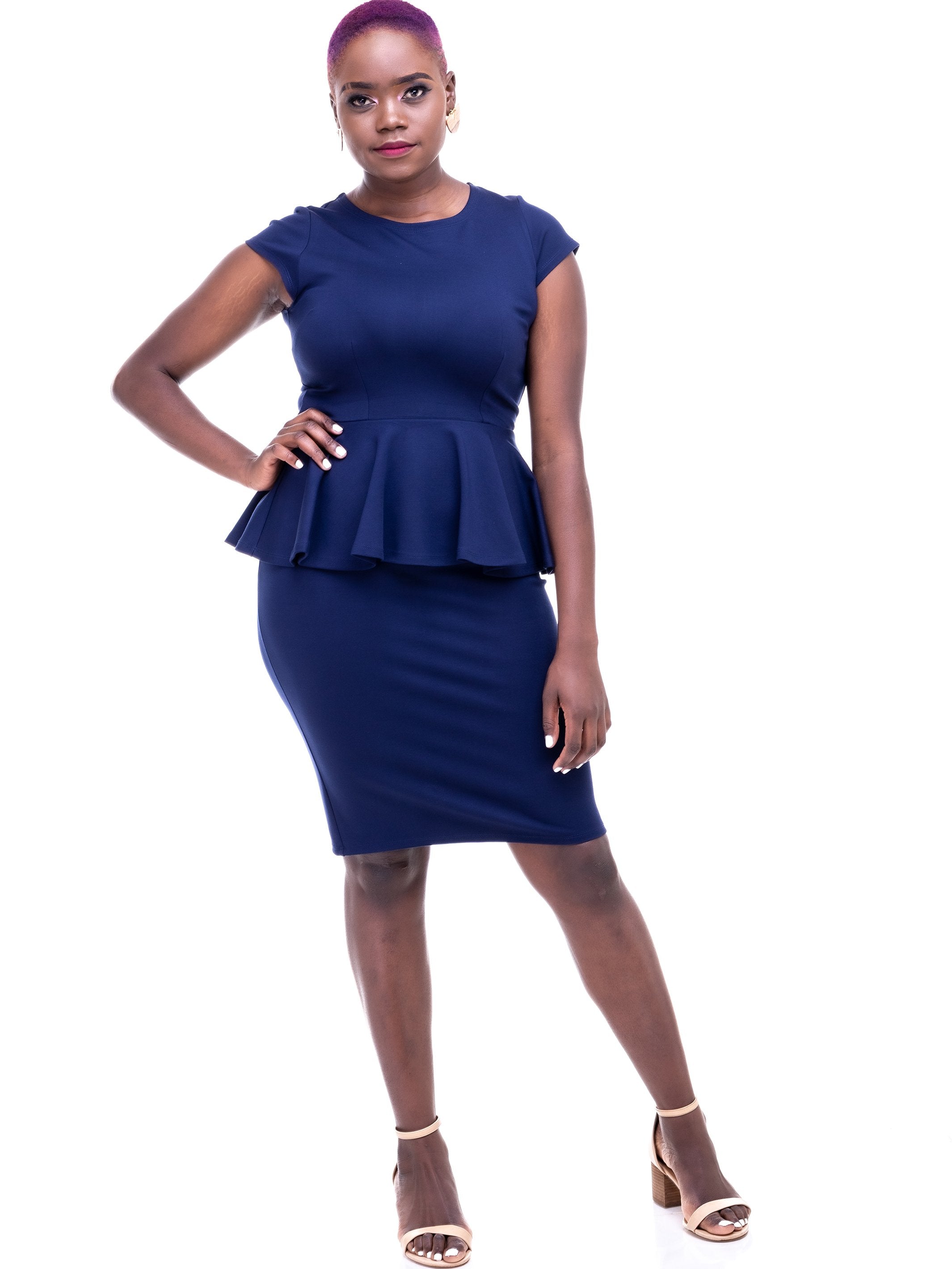 Vivo Furaha Peplum Sheath Dress - Navy Blue - Shop Zetu