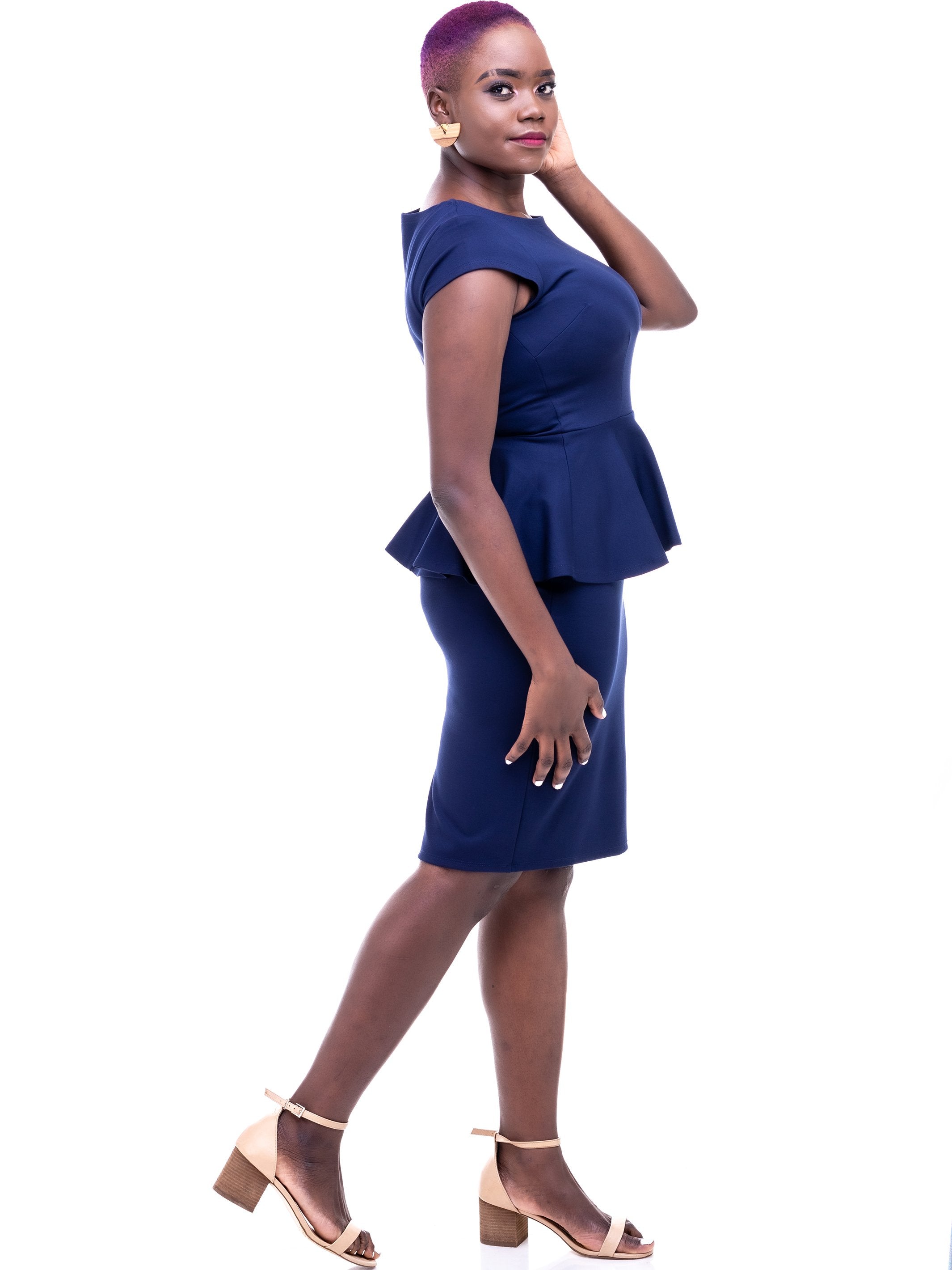 Vivo Furaha Peplum Sheath Dress - Navy Blue - Shop Zetu