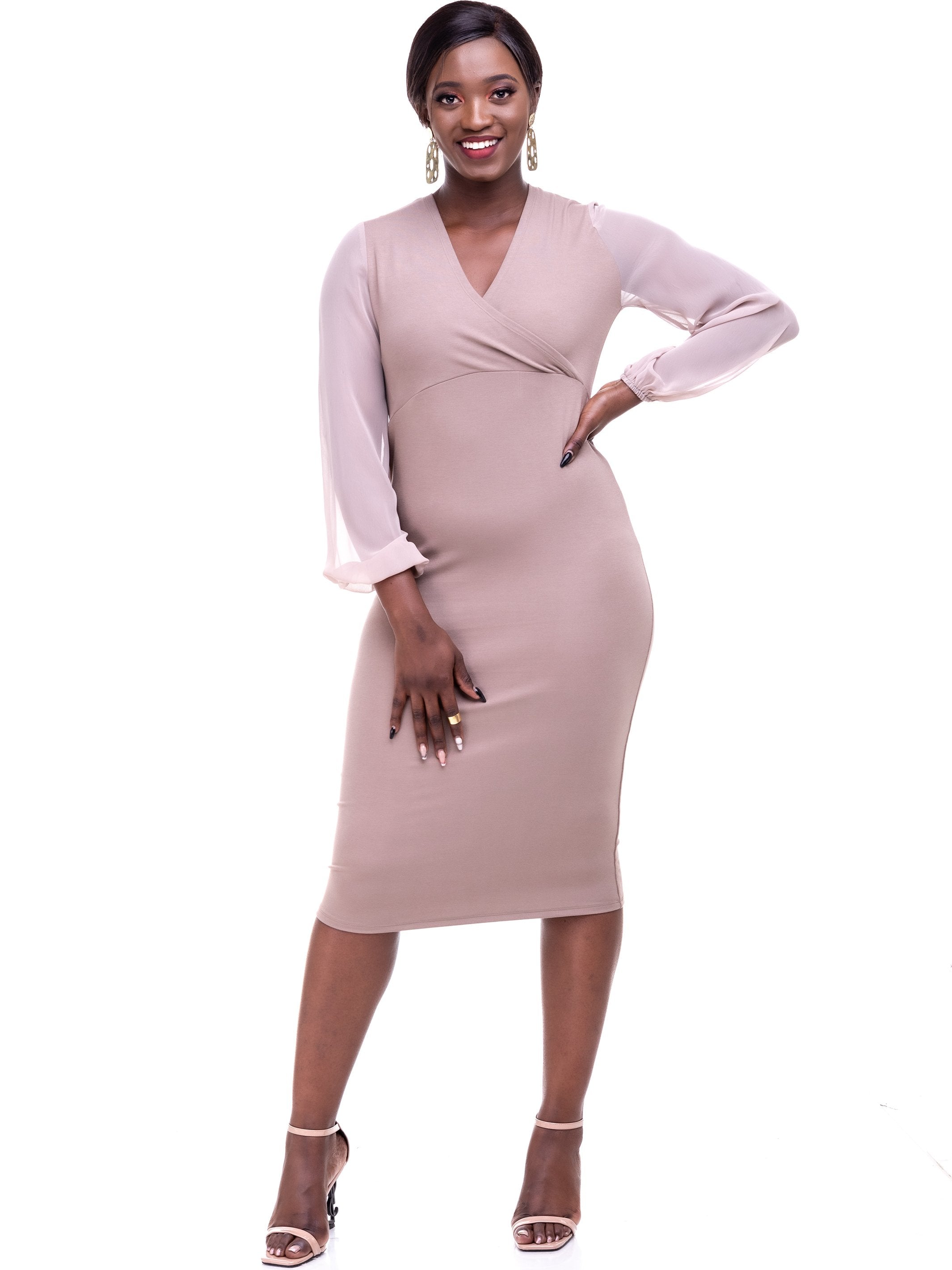 Sowairina Lea Maternity Faux Wrap Bodycon - Taupe - Shop Zetu